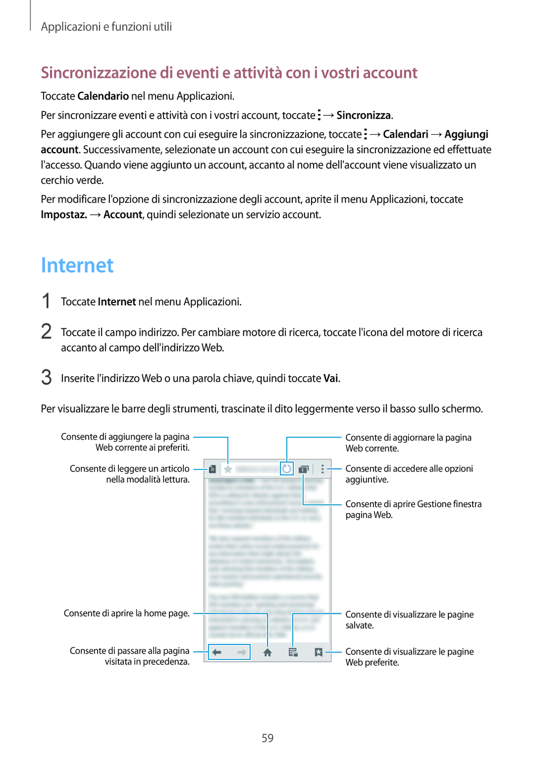 Samsung SM-J100HZBAITV, SM-J100HZKAPLS, SM-J100HZBAPRT Internet, Sincronizzazione di eventi e attività con i vostri account 