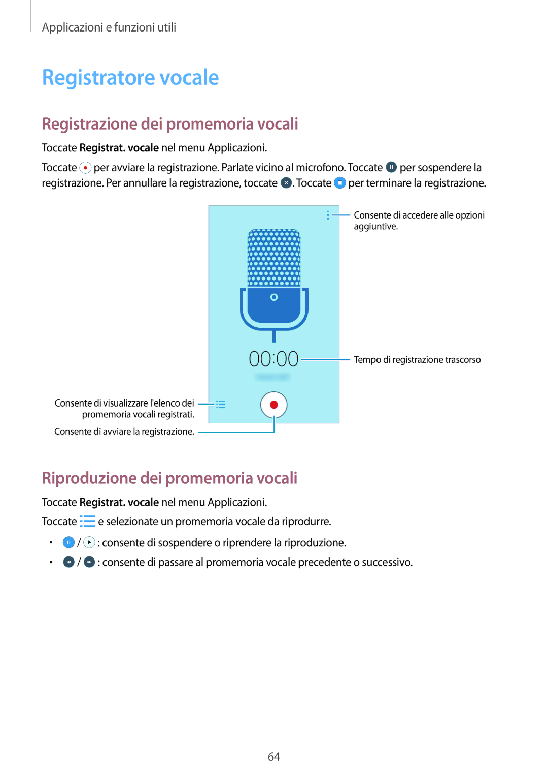 Samsung SM-J100HZWAITV manual Registratore vocale, Registrazione dei promemoria vocali, Riproduzione dei promemoria vocali 