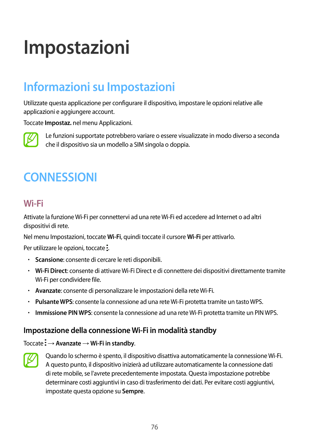 Samsung SM-J100HZKADBT Informazioni su Impostazioni, Impostazione della connessione Wi-Fi in modalità standby 