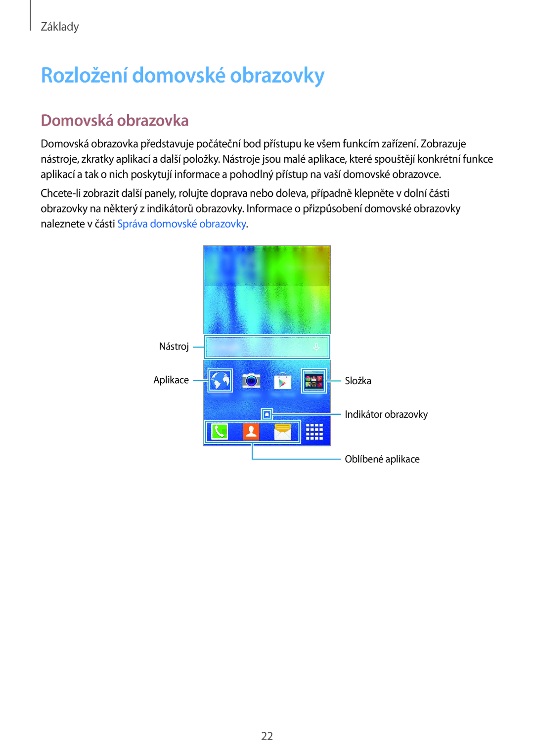 Samsung SM-J100HZWAVDH, SM-J100HZKAPLS, SM-J100HZWDATO, SM-J100HZWAXEO manual Rozložení domovské obrazovky, Domovská obrazovka 