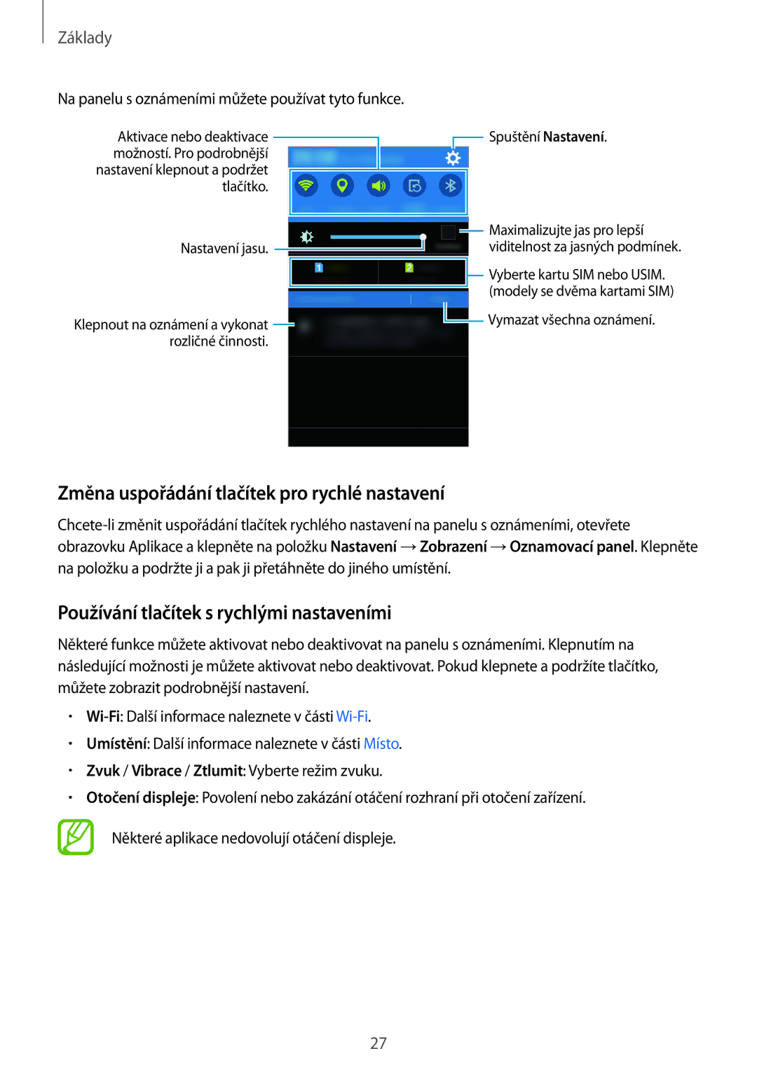 Samsung SM-J100HZWDETL manual Změna uspořádání tlačítek pro rychlé nastavení, Používání tlačítek s rychlými nastaveními 