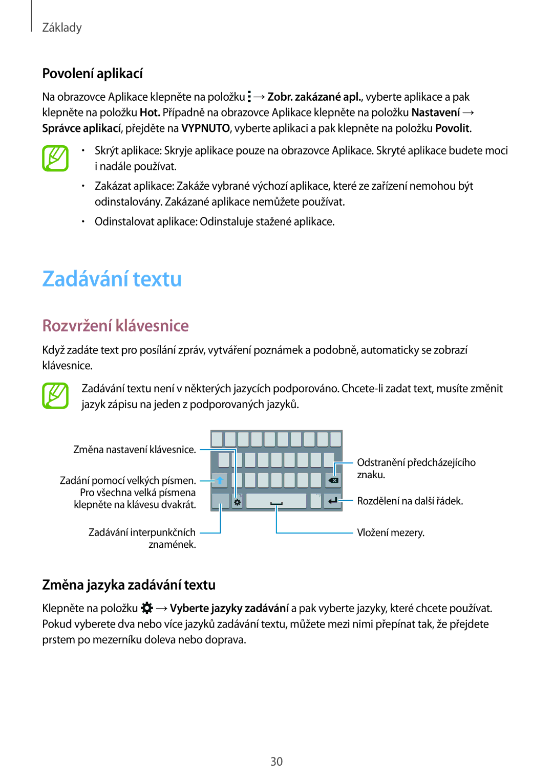 Samsung SM-J100HZKDORX manual Zadávání textu, Rozvržení klávesnice, Povolení aplikací, Změna jazyka zadávání textu 