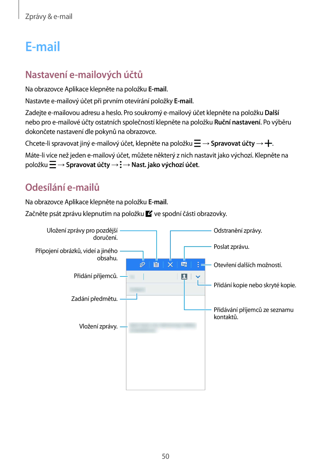 Samsung SM-J100HZBDATO, SM-J100HZKAPLS, SM-J100HZWDATO, SM-J100HZWAXEO Mail, Nastavení e-mailových účtů, Odesílání e-mailů 