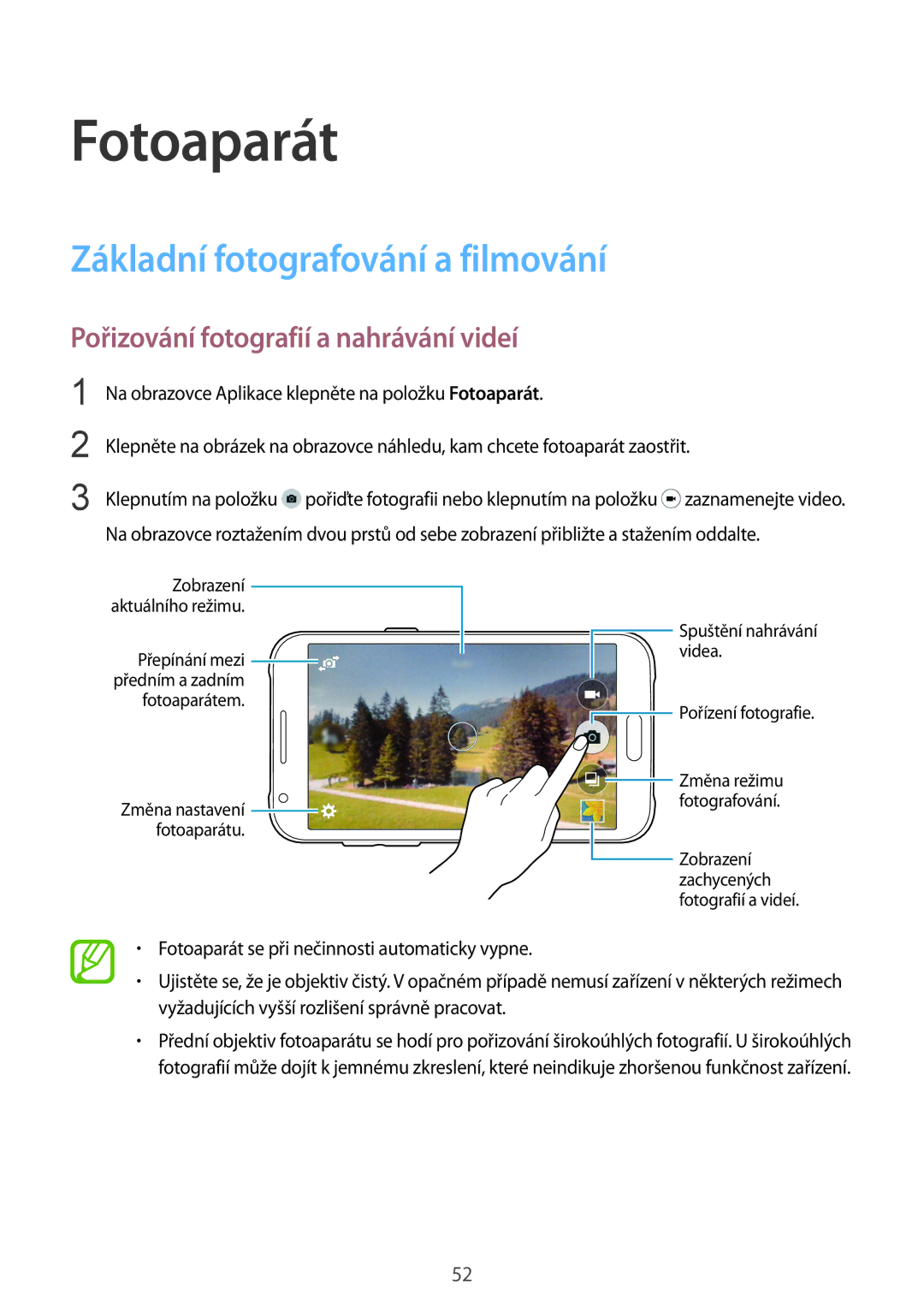 Samsung SM2J100HZWDETL manual Fotoaparát, Základní fotografování a filmování, Pořizování fotografií a nahrávání videí 