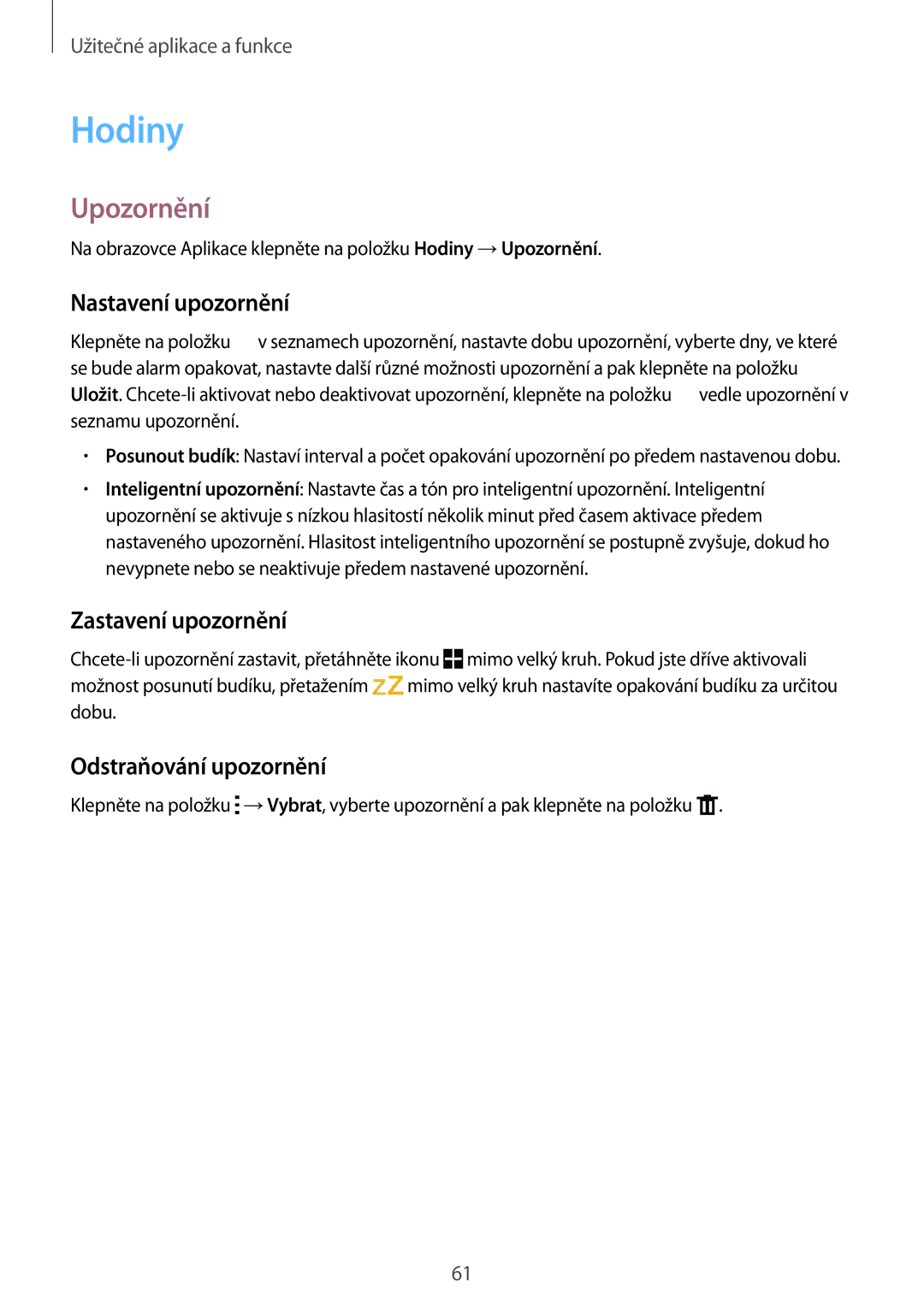 Samsung SM-J100HZKAVGR manual Hodiny, Upozornění, Nastavení upozornění, Zastavení upozornění, Odstraňování upozornění 