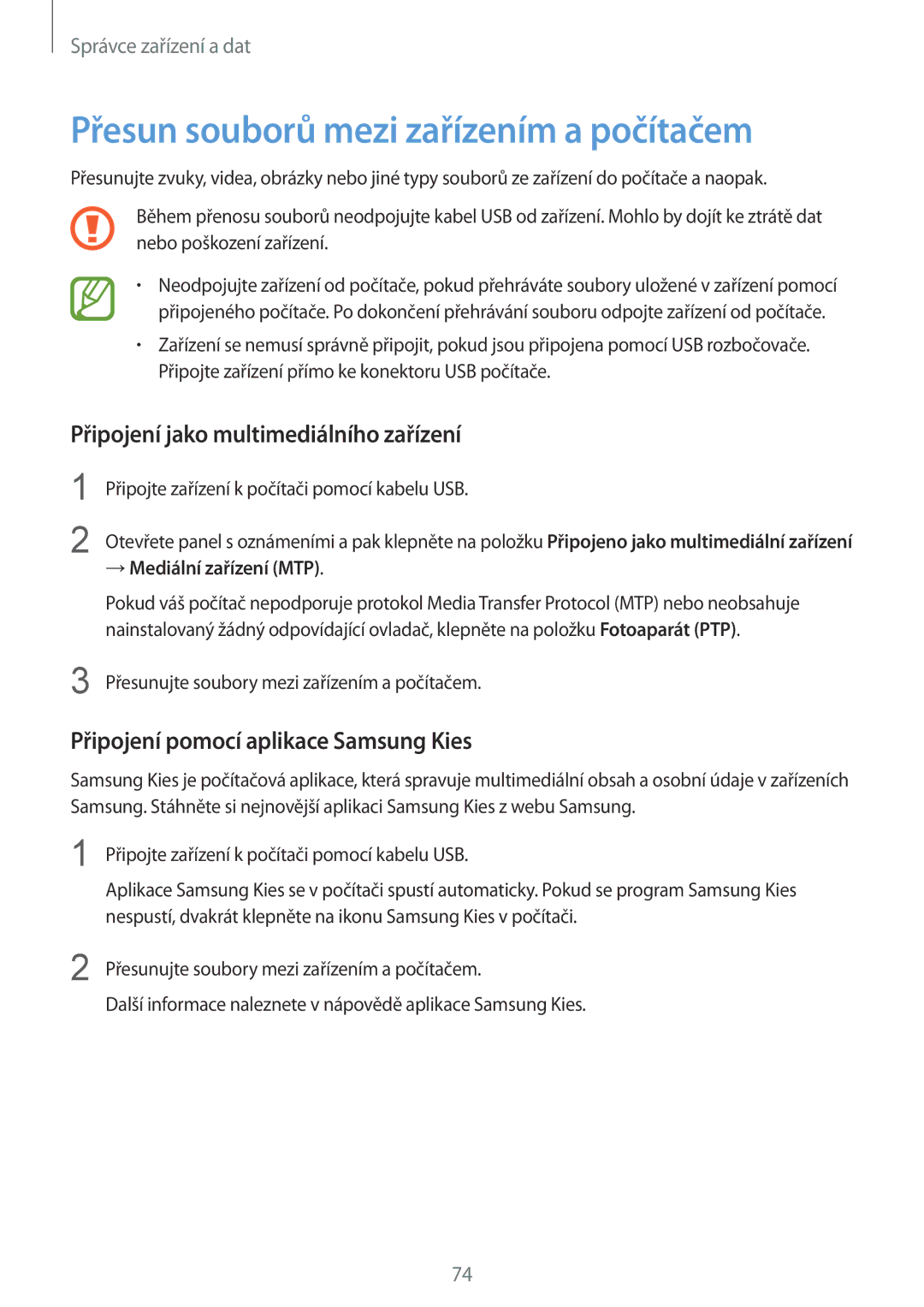 Samsung SM2J100HZKAPAN, SM-J100HZKAPLS Přesun souborů mezi zařízením a počítačem, Připojení jako multimediálního zařízení 