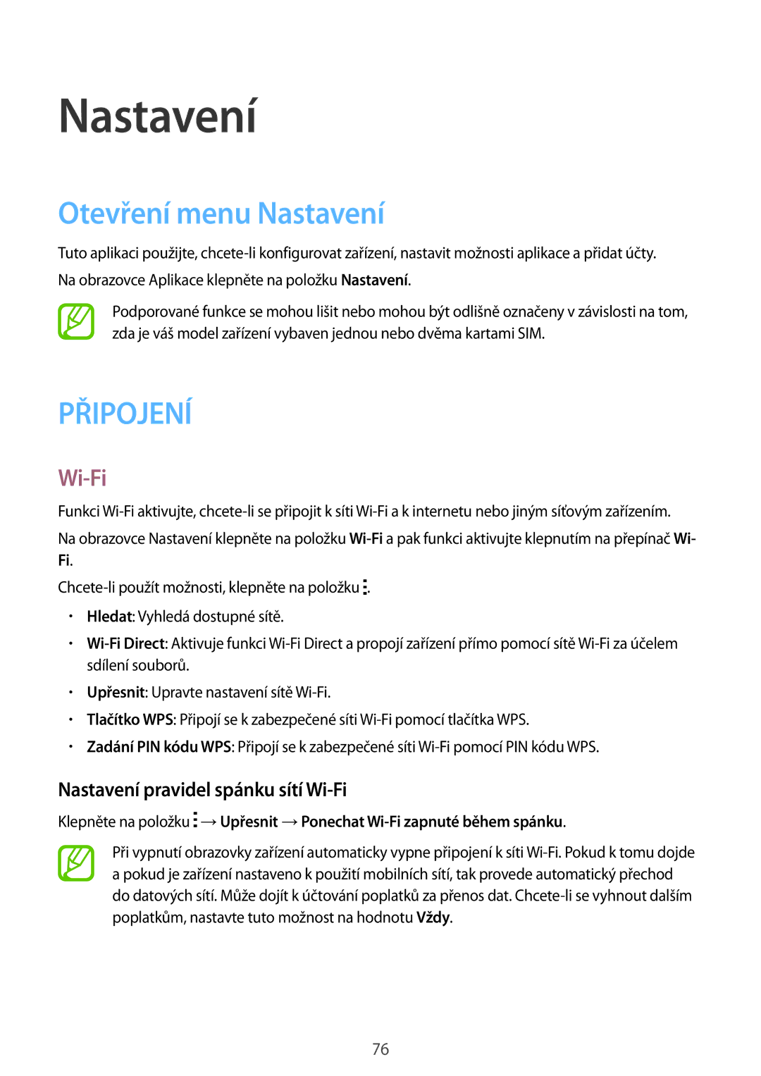 Samsung SM2J100HZKAETL, SM-J100HZKAPLS manual Otevření menu Nastavení, Nastavení pravidel spánku sítí Wi-Fi 