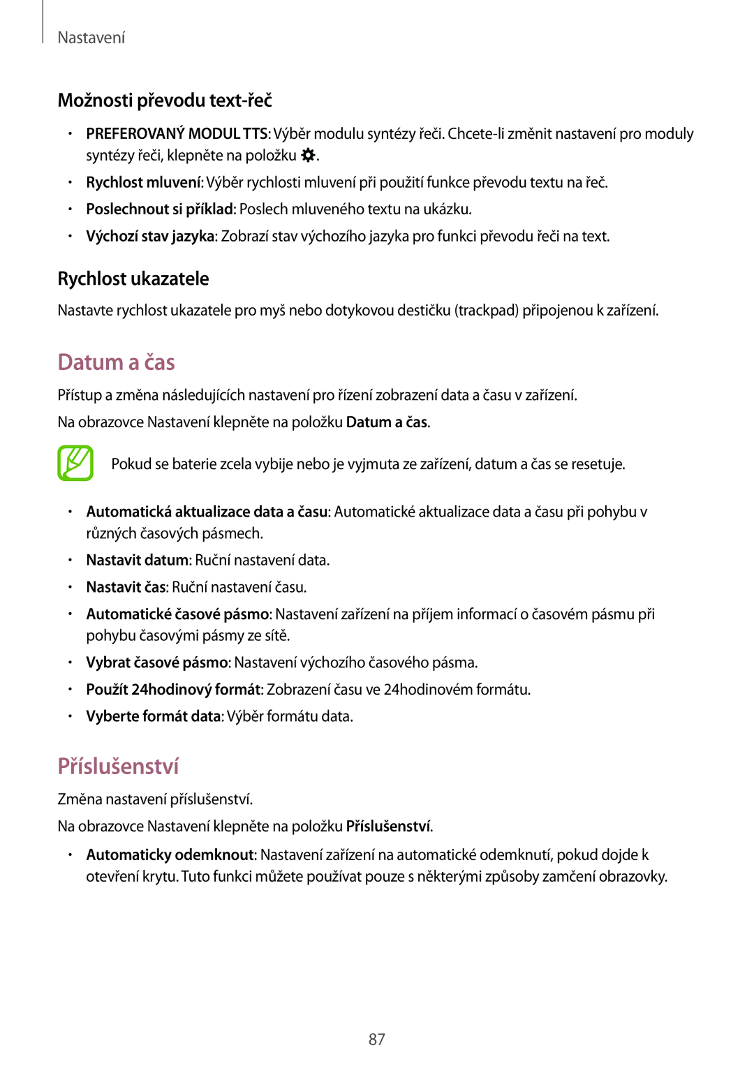 Samsung SM-J100HZKAORX, SM-J100HZKAPLS manual Datum a čas, Příslušenství, Možnosti převodu text-řeč, Rychlost ukazatele 