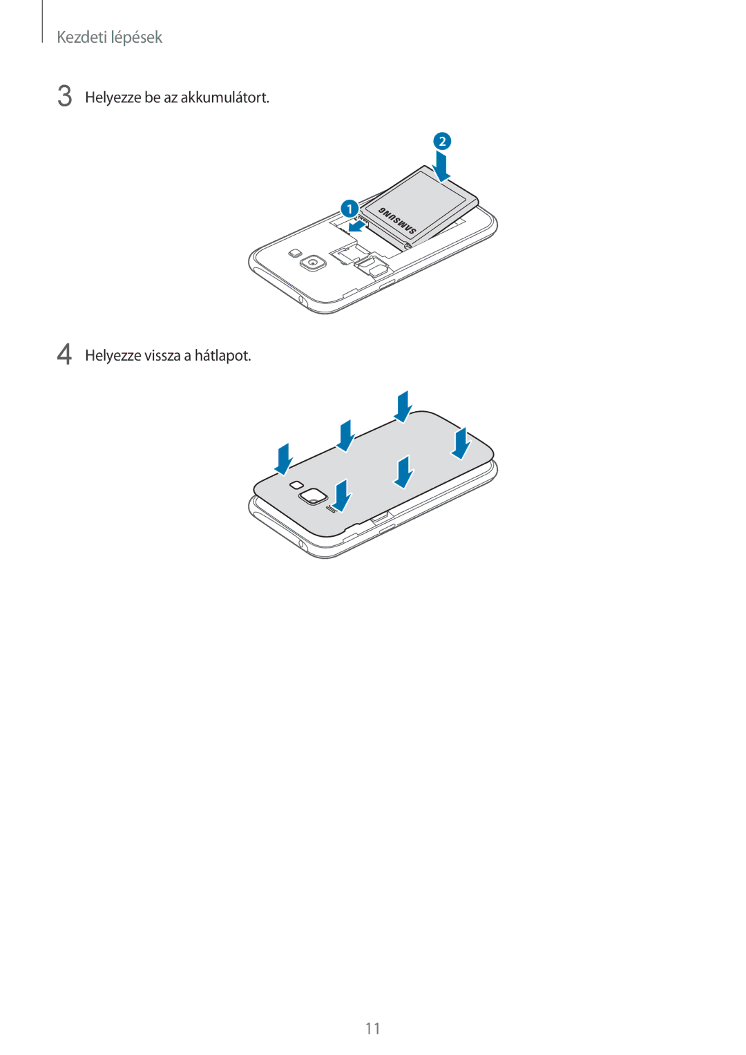 Samsung SM-J100HZWAPRT, SM-J100HZKAPLS, SM-J100HZWDATO manual Helyezze be az akkumulátort Helyezze vissza a hátlapot 