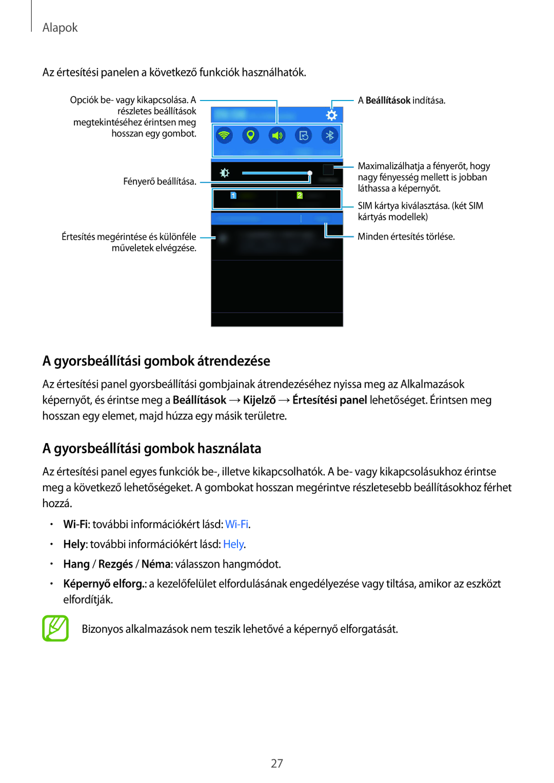 Samsung SM-J100HZWDETL, SM-J100HZKAPLS manual Gyorsbeállítási gombok átrendezése, Gyorsbeállítási gombok használata 