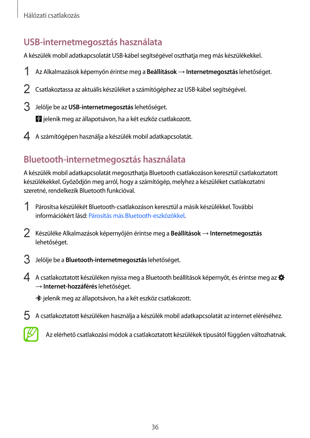 Samsung SM-J100HZKDETL, SM-J100HZKAPLS manual USB-internetmegosztás használata, Bluetooth-internetmegosztás használata 