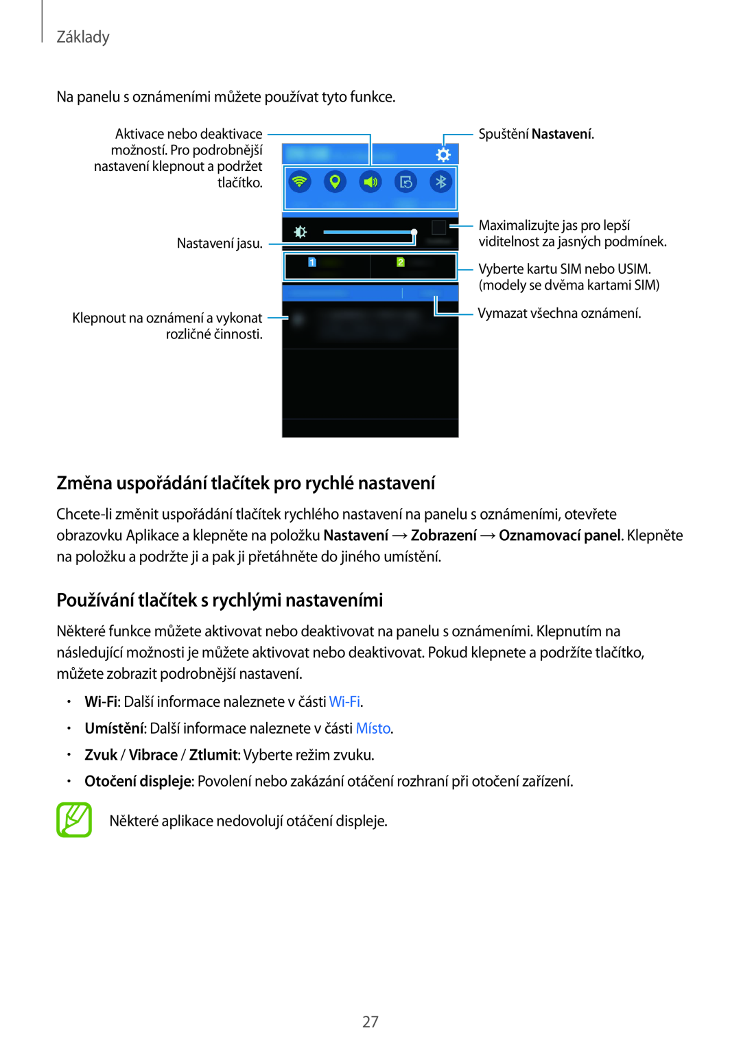Samsung SM-J100HZWDETL Změna uspořádání tlačítek pro rychlé nastavení, Používání tlačítek s rychlými nastaveními, Základy 