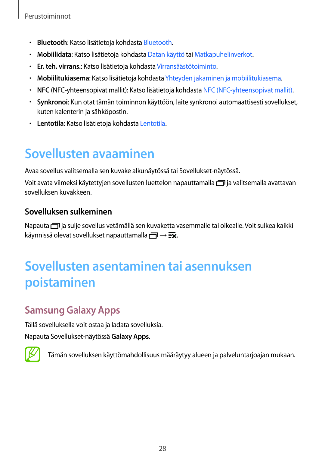 Samsung SM-J100HZKANEE Sovellusten avaaminen, Sovellusten asentaminen tai asennuksen poistaminen, Samsung Galaxy Apps 