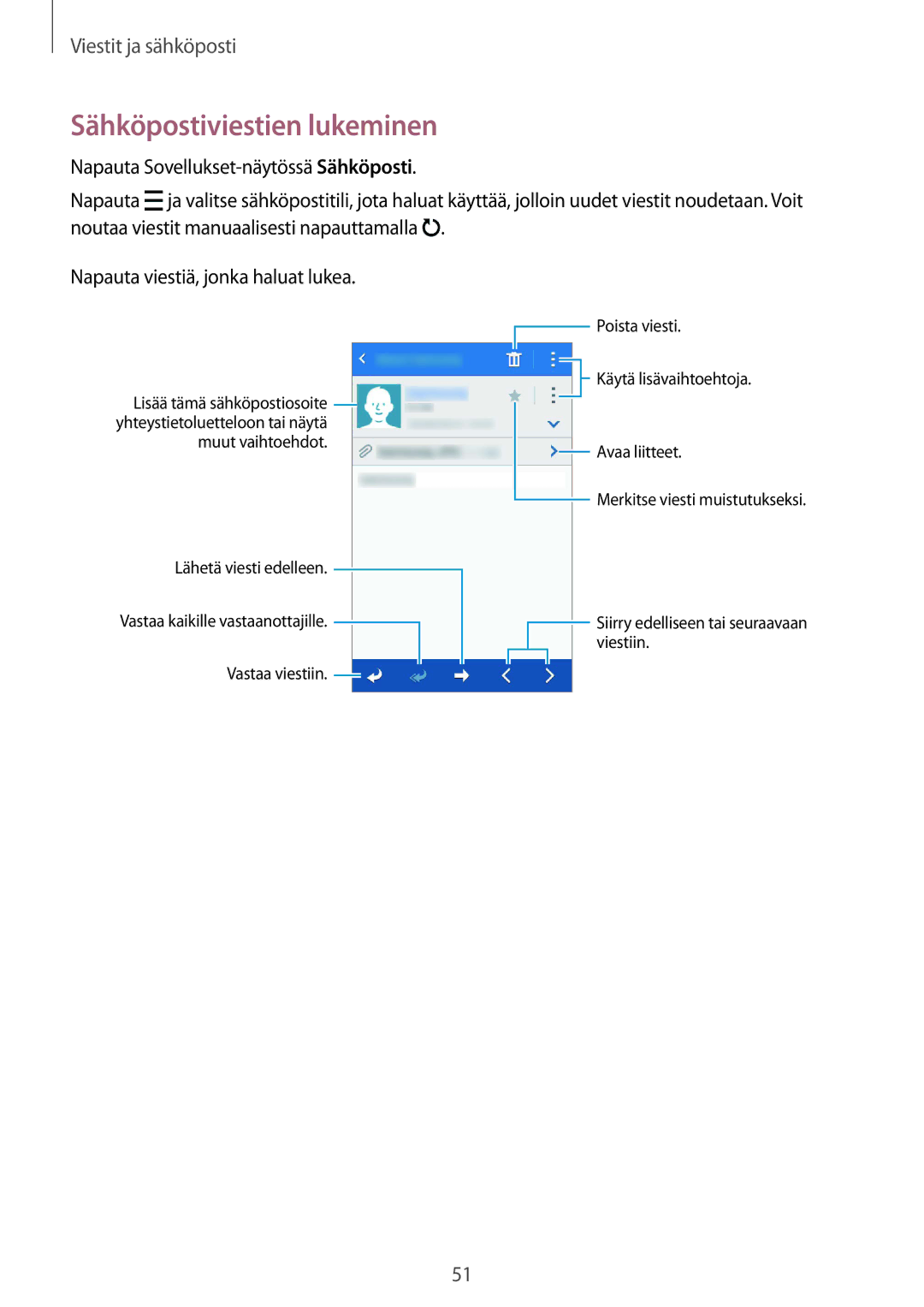 Samsung SM-J100HZWATEN, SM-J100HZKATEN, SM-J100HZWANEE, SM-J100HZKANEE, SM-J100HZBANEE manual Sähköpostiviestien lukeminen 