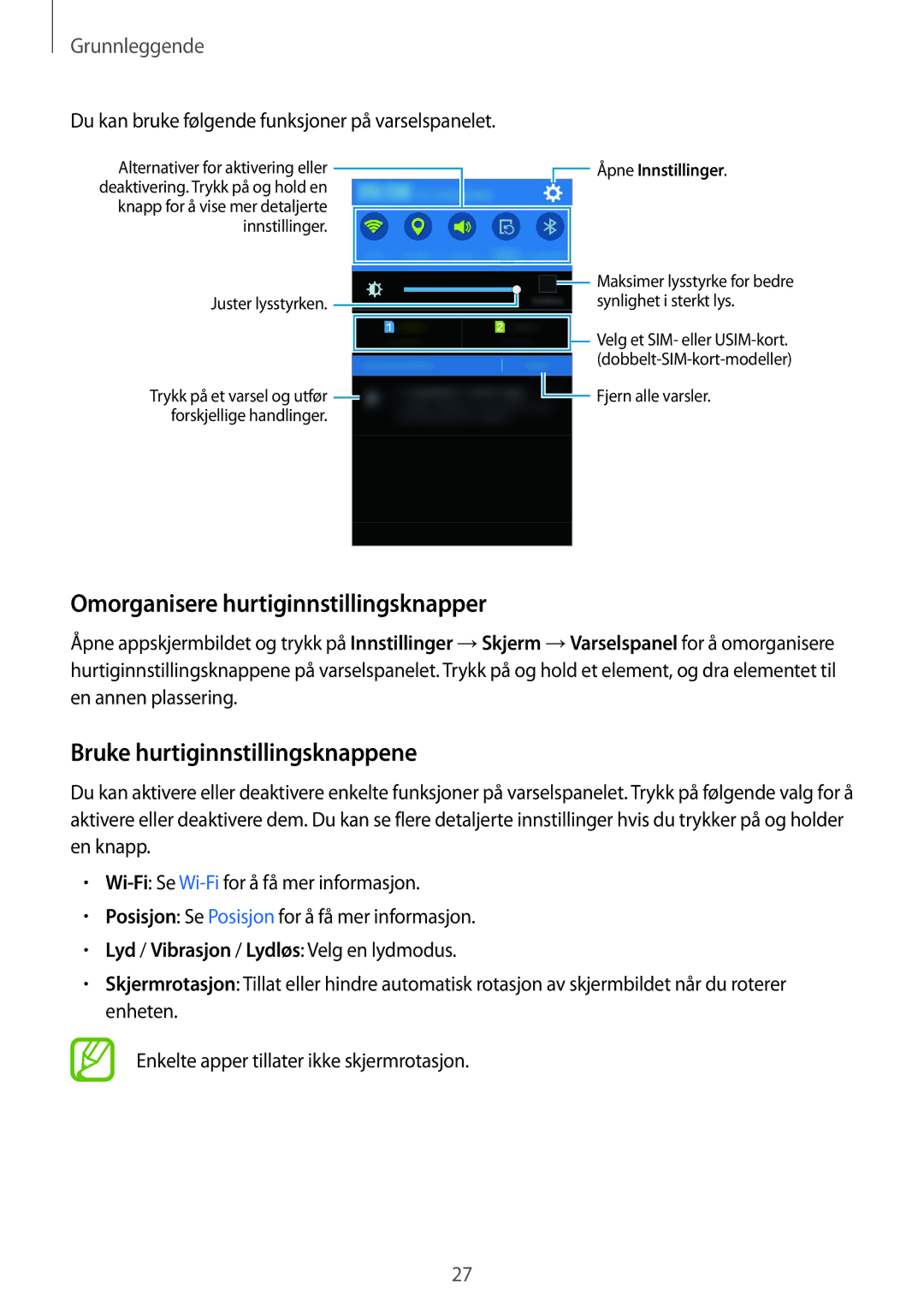 Samsung SM-J100HZWANEE, SM-J100HZKATEN manual Omorganisere hurtiginnstillingsknapper, Bruke hurtiginnstillingsknappene 