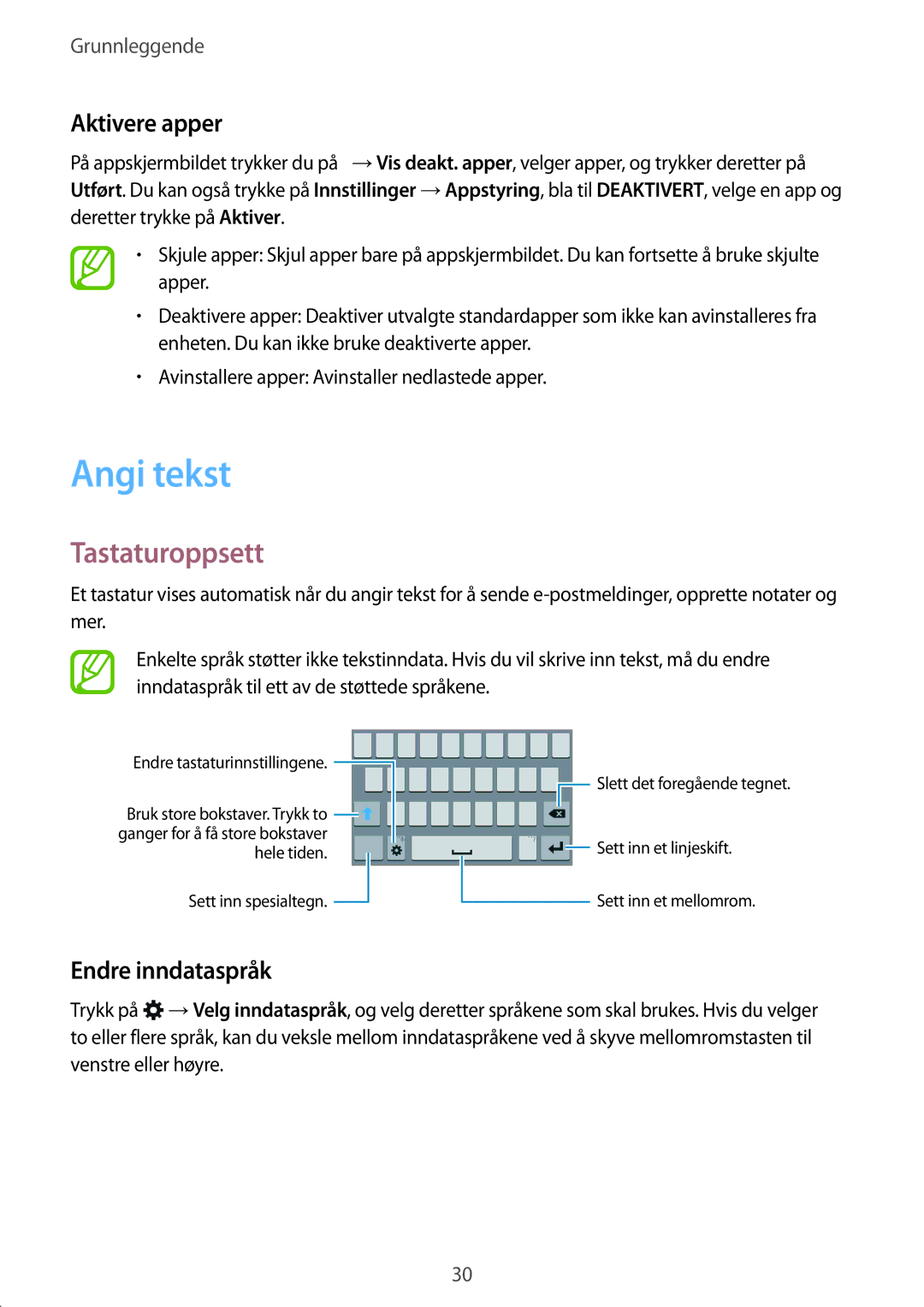 Samsung SM-J100HZKATEN, SM-J100HZWATEN, SM-J100HZWANEE manual Angi tekst, Tastaturoppsett, Aktivere apper, Endre inndataspråk 