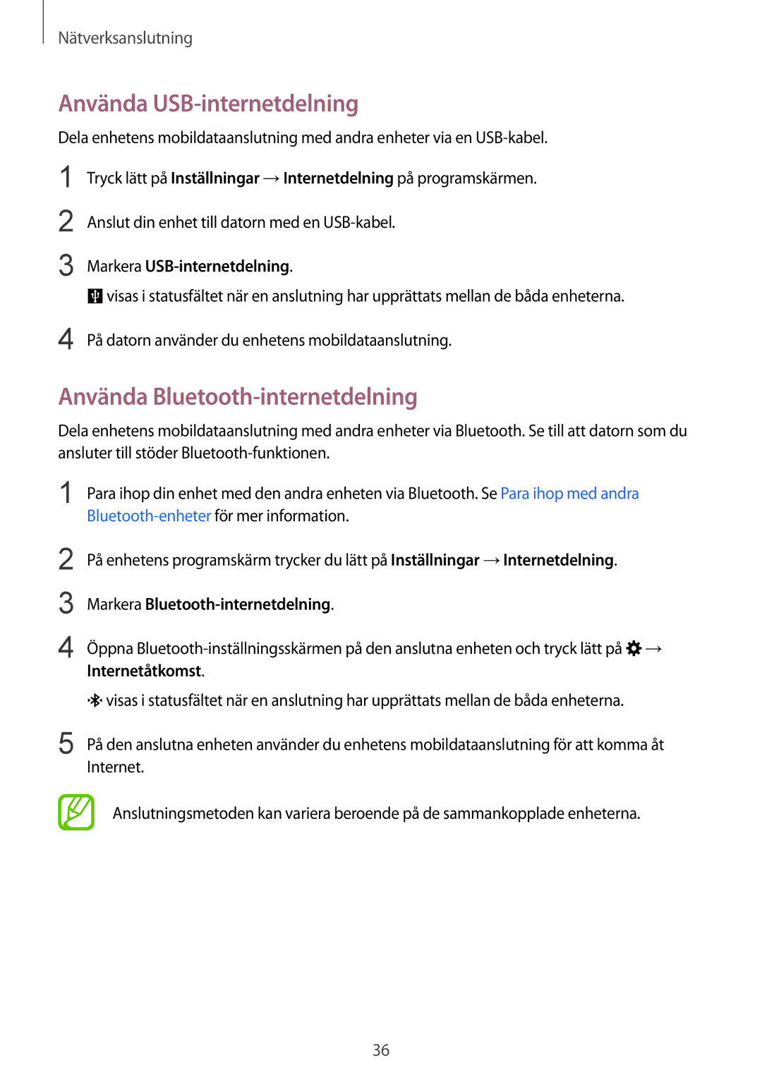 Samsung SM-J100HZWATEN manual Använda USB-internetdelning, Använda Bluetooth-internetdelning, Markera USB-internetdelning 