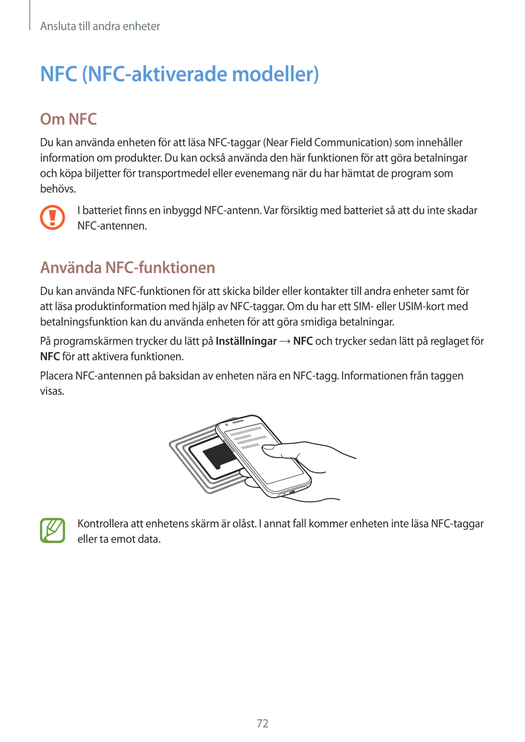 Samsung SM-J100HZWANEE, SM-J100HZKATEN, SM-J100HZWATEN manual NFC NFC-aktiverade modeller, Om NFC, Använda NFC-funktionen 