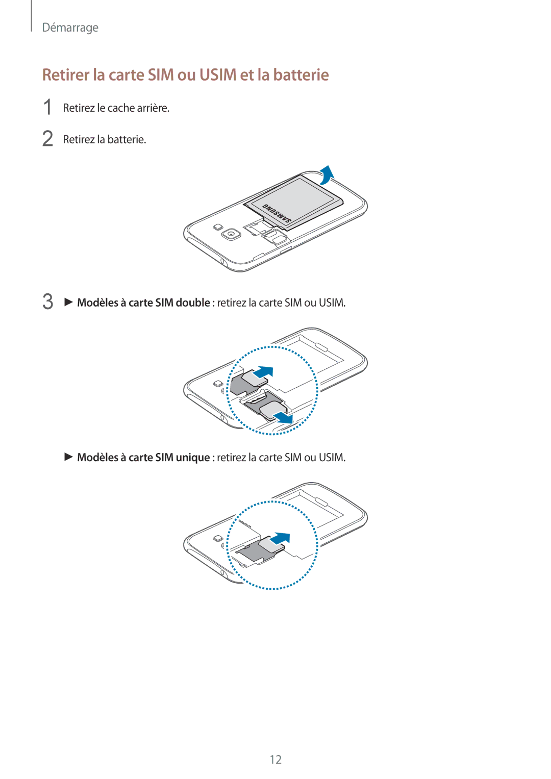 Samsung SM-J100HZKAXEF, SM-J100HZWAXEF manual Retirer la carte SIM ou Usim et la batterie 