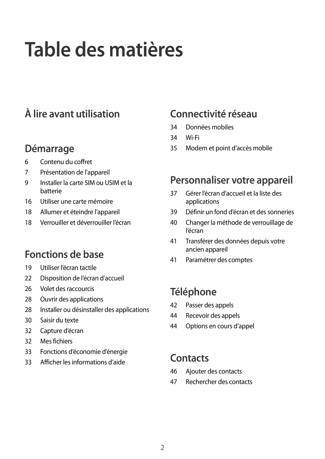 Samsung SM-J100HZKAXEF, SM-J100HZWAXEF manual Table des matières, Lire avant utilisation Démarrage 