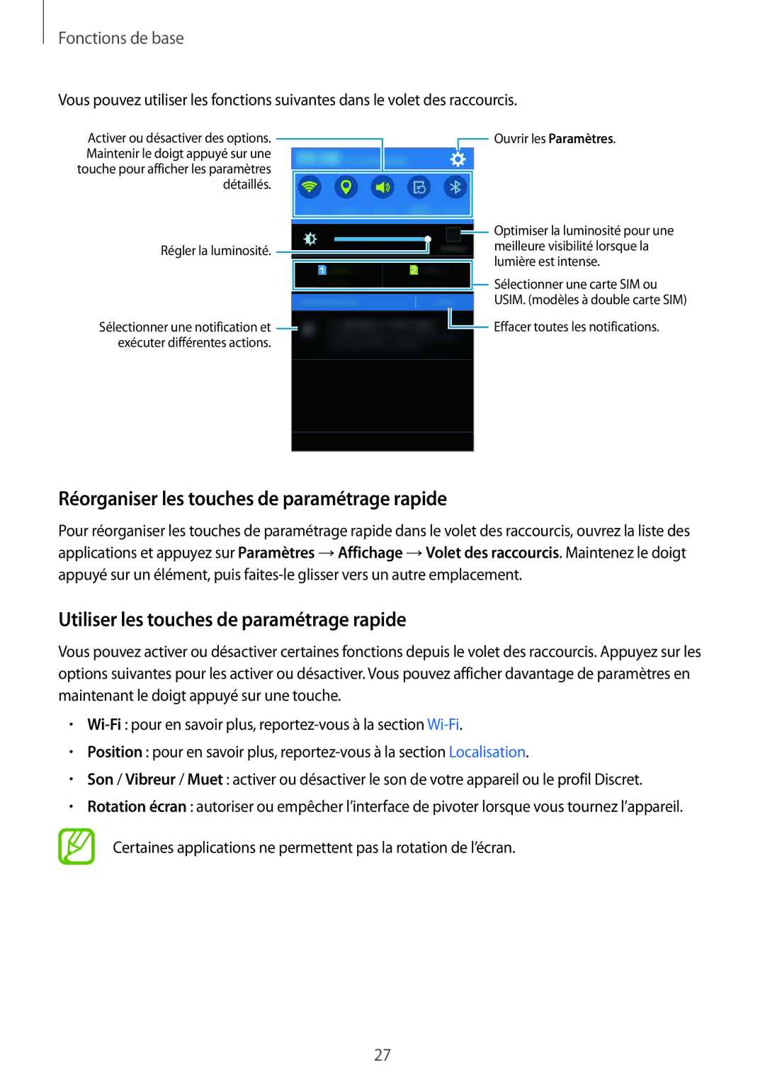 Samsung SM-J100HZWAXEF manual Réorganiser les touches de paramétrage rapide, Utiliser les touches de paramétrage rapide 