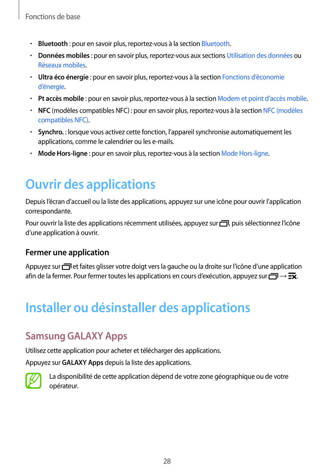 Samsung SM-J100HZKAXEF manual Ouvrir des applications, Installer ou désinstaller des applications, Samsung Galaxy Apps 