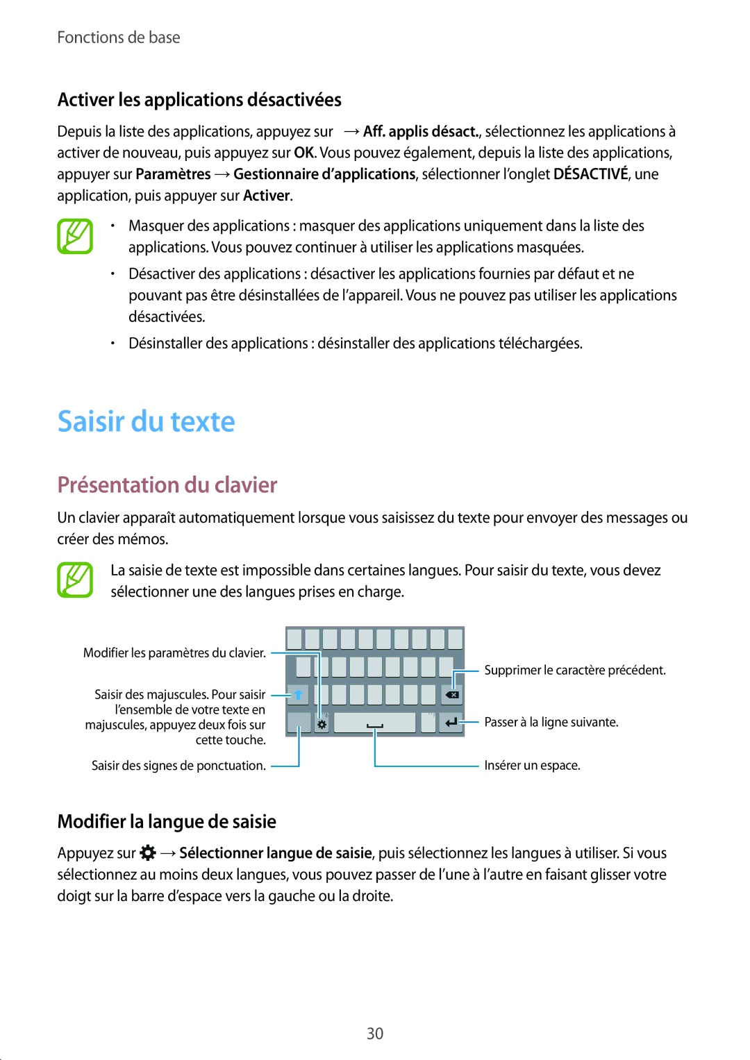 Samsung SM-J100HZKAXEF, SM-J100HZWAXEF manual Saisir du texte, Présentation du clavier, Activer les applications désactivées 