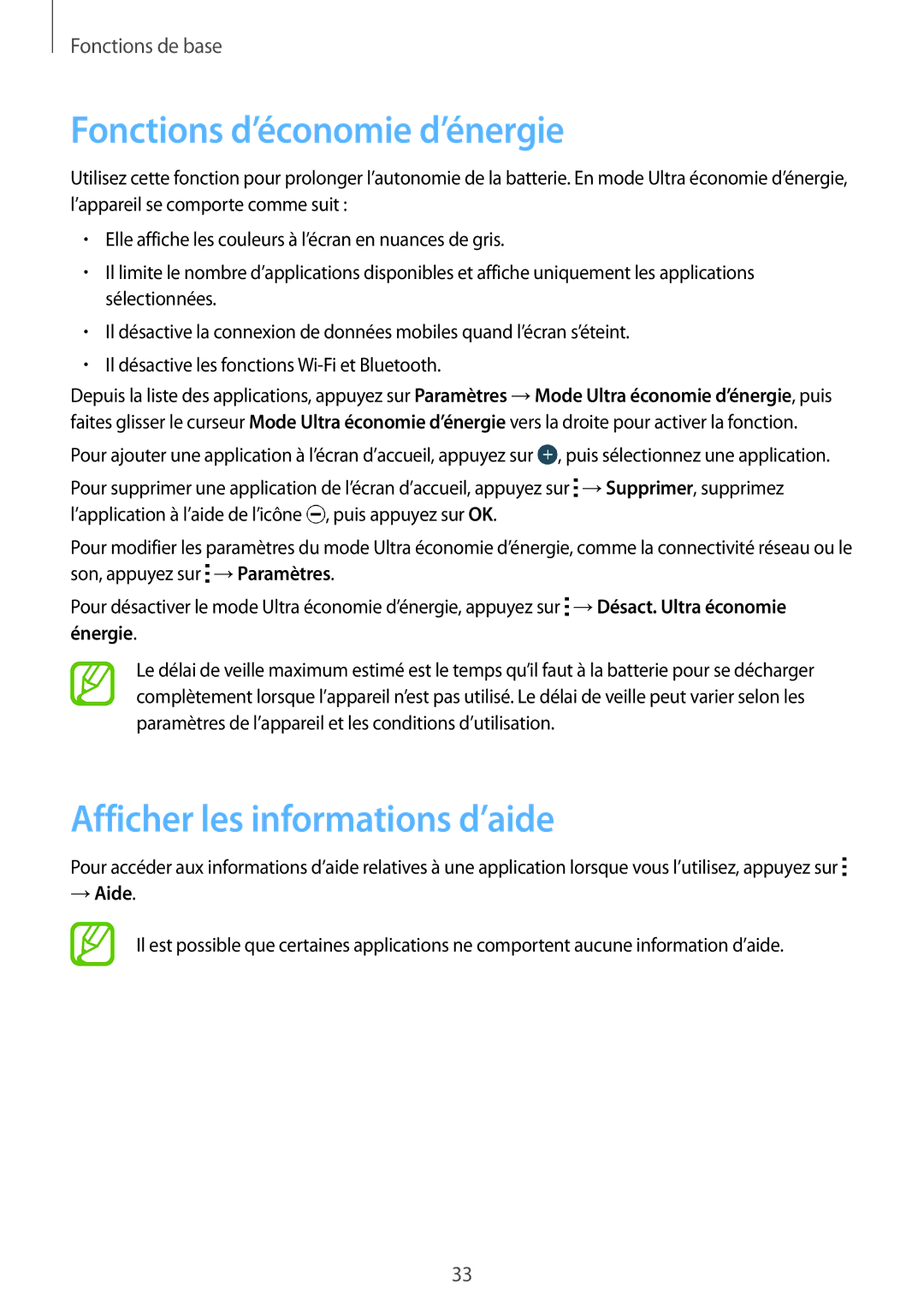 Samsung SM-J100HZWAXEF, SM-J100HZKAXEF manual Fonctions d’économie d’énergie, Afficher les informations d’aide, → Aide 