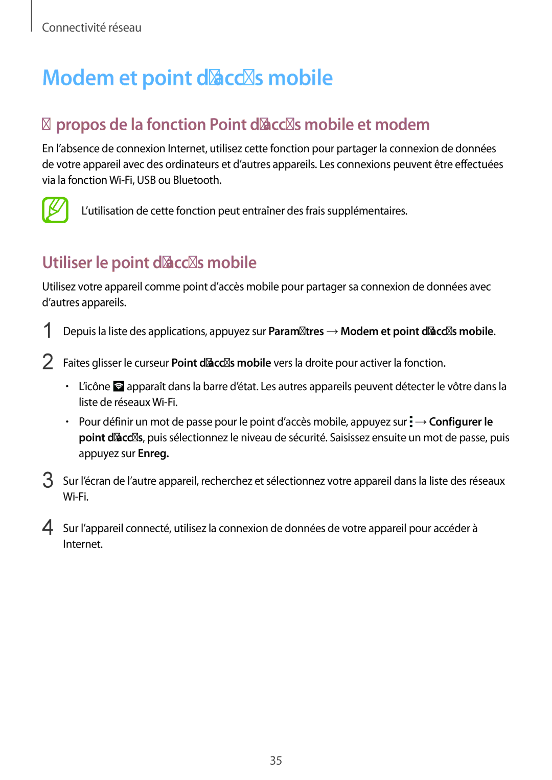 Samsung SM-J100HZWAXEF, SM-J100HZKAXEF Modem et point d’accès mobile, Propos de la fonction Point d’accès mobile et modem 