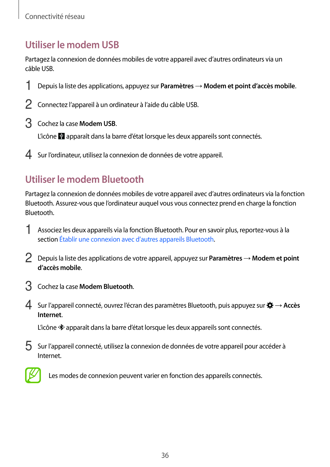 Samsung SM-J100HZKAXEF, SM-J100HZWAXEF manual Utiliser le modem USB, Utiliser le modem Bluetooth, ’accès mobile, Internet 