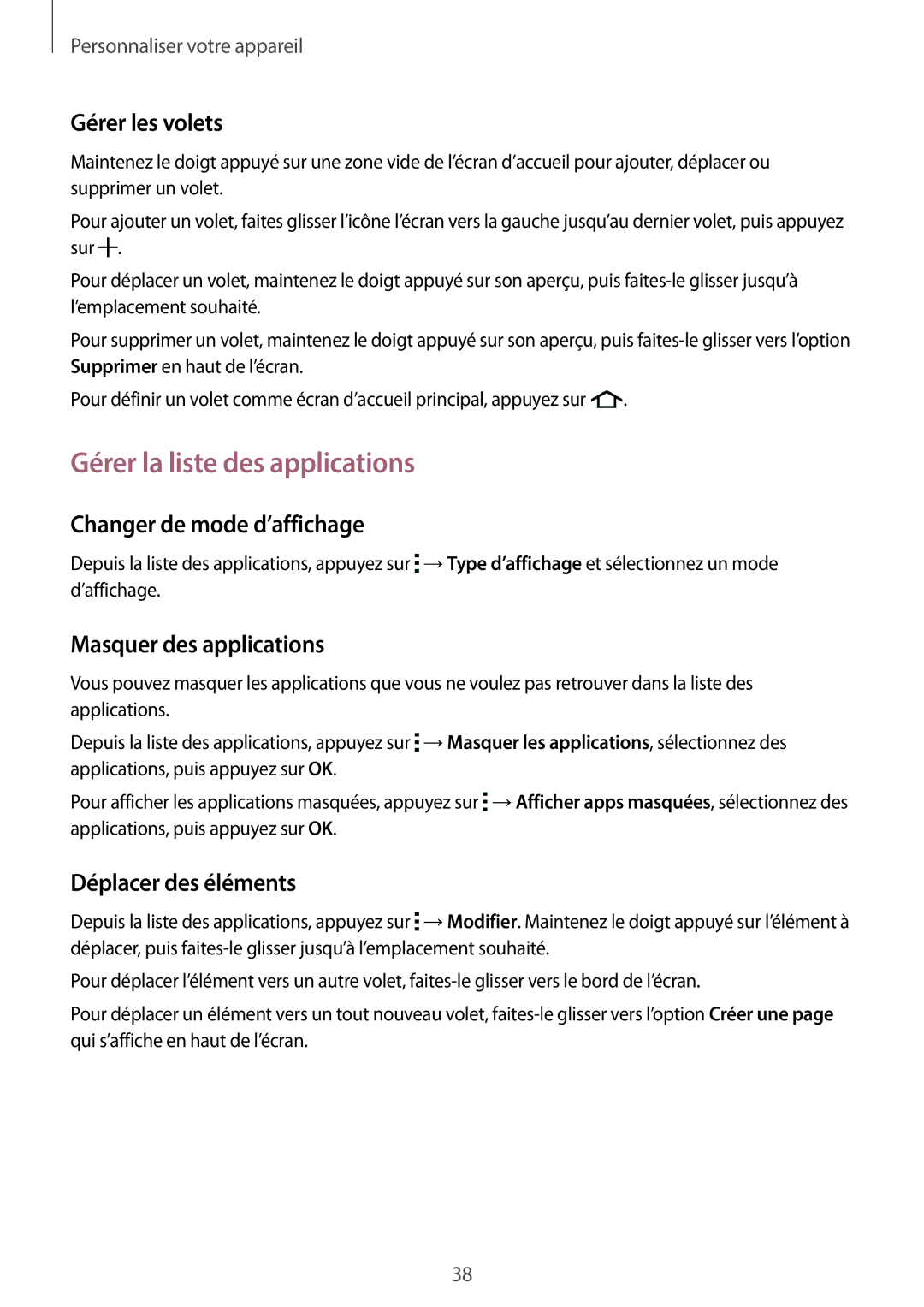 Samsung SM-J100HZKAXEF, SM-J100HZWAXEF manual Gérer la liste des applications, Gérer les volets, Changer de mode d’affichage 