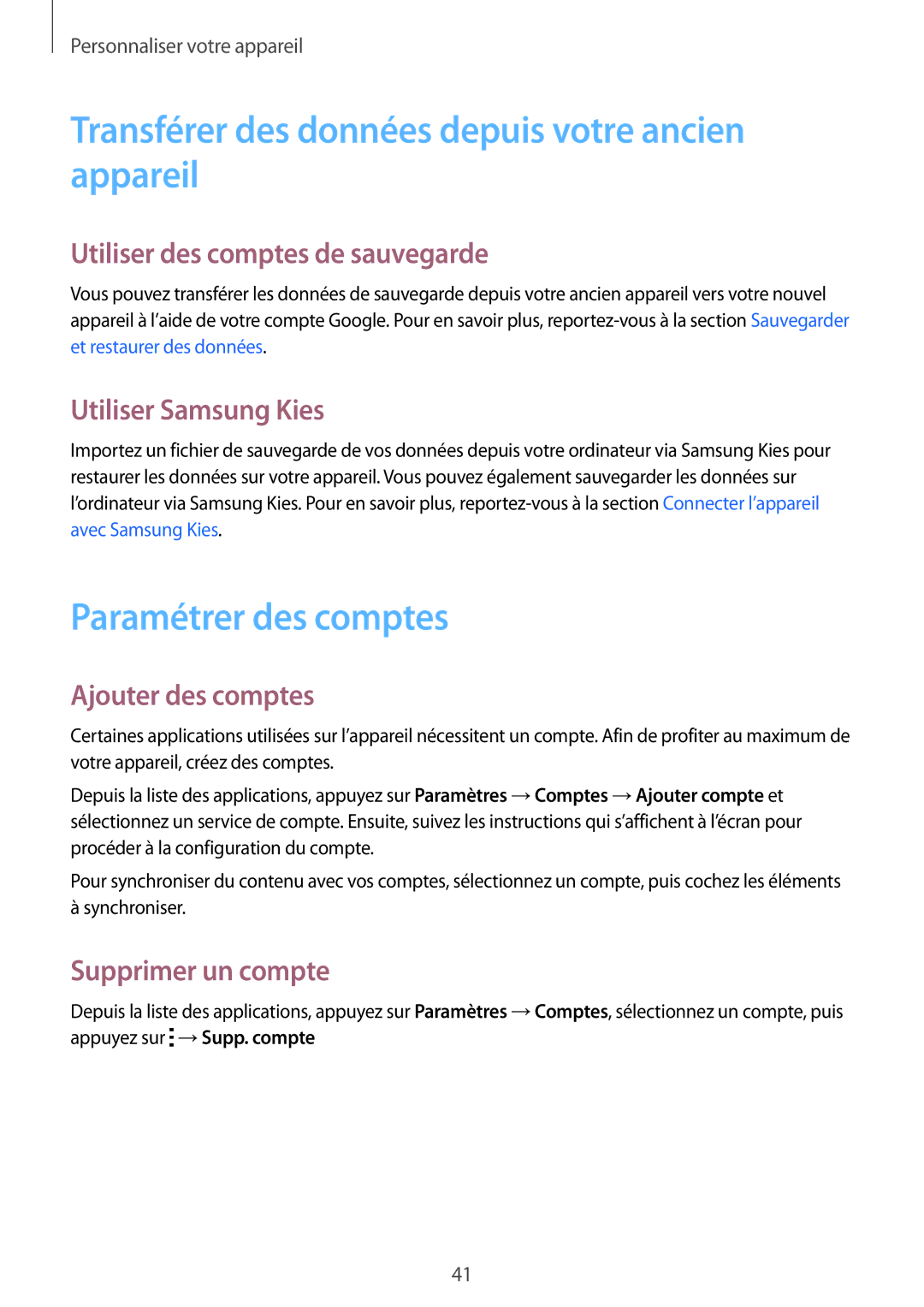Samsung SM-J100HZWAXEF, SM-J100HZKAXEF manual Transférer des données depuis votre ancien appareil, Paramétrer des comptes 