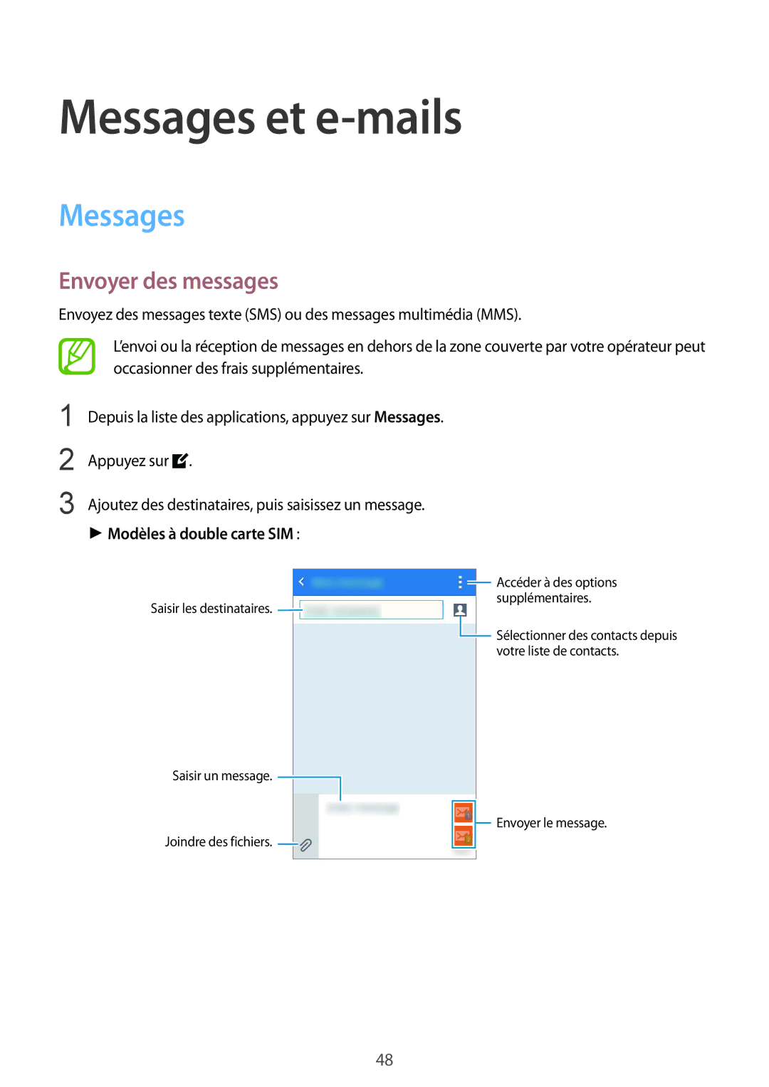 Samsung SM-J100HZKAXEF, SM-J100HZWAXEF manual Messages et e-mails, Envoyer des messages, Modèles à double carte SIM 