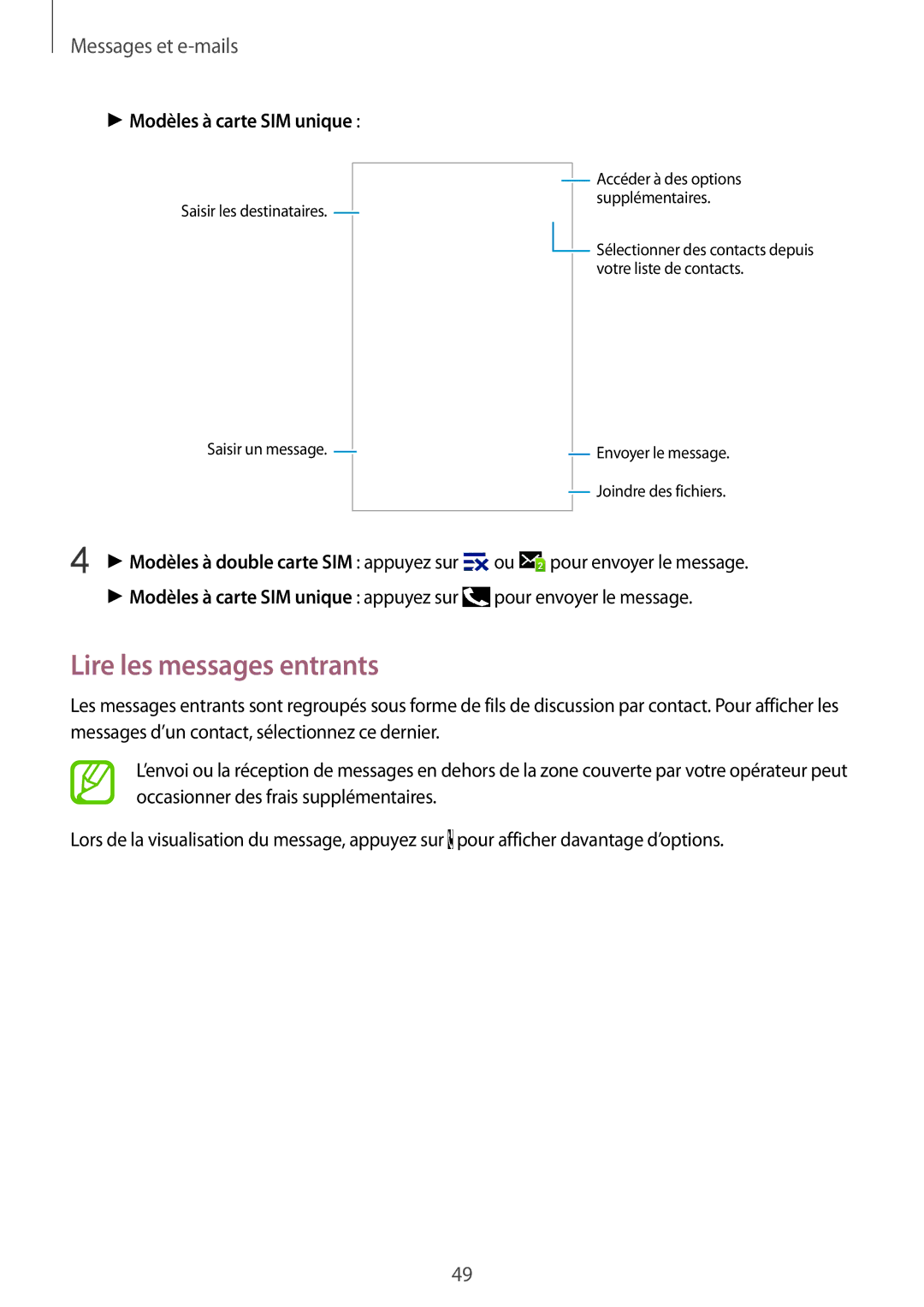 Samsung SM-J100HZWAXEF Lire les messages entrants, Modèles à carte SIM unique, Modèles à double carte SIM appuyez sur 