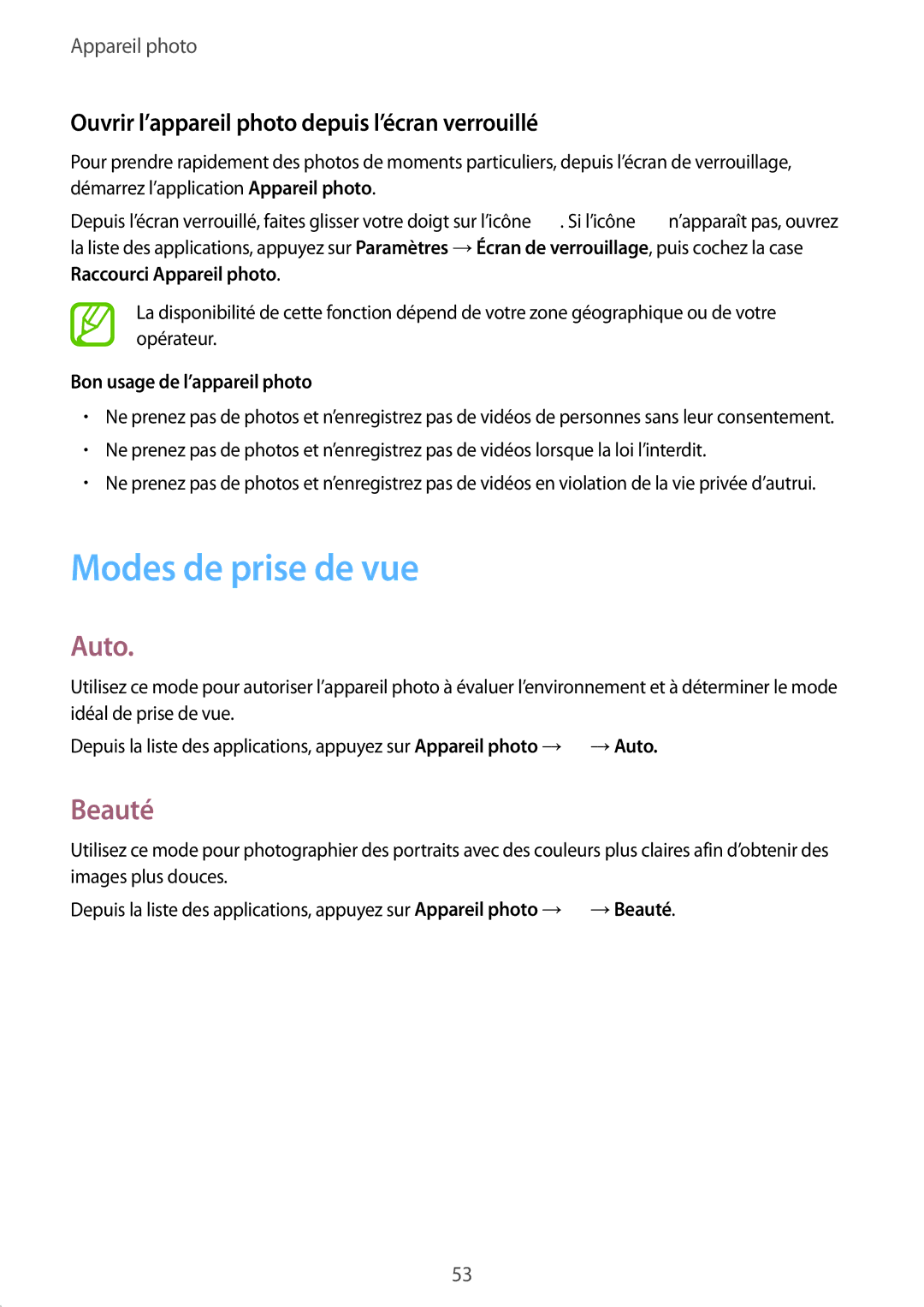 Samsung SM-J100HZWAXEF manual Modes de prise de vue, Auto, Beauté, Ouvrir l’appareil photo depuis l’écran verrouillé 