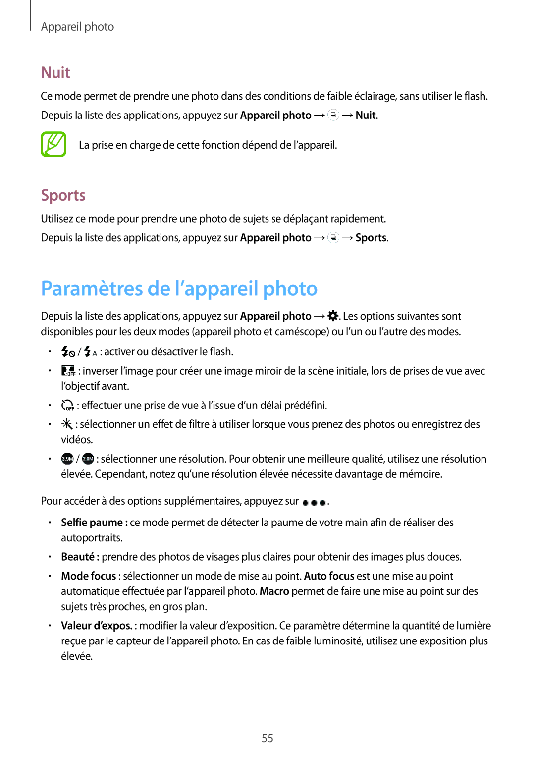 Samsung SM-J100HZWAXEF, SM-J100HZKAXEF manual Paramètres de l’appareil photo, Nuit, Sports 