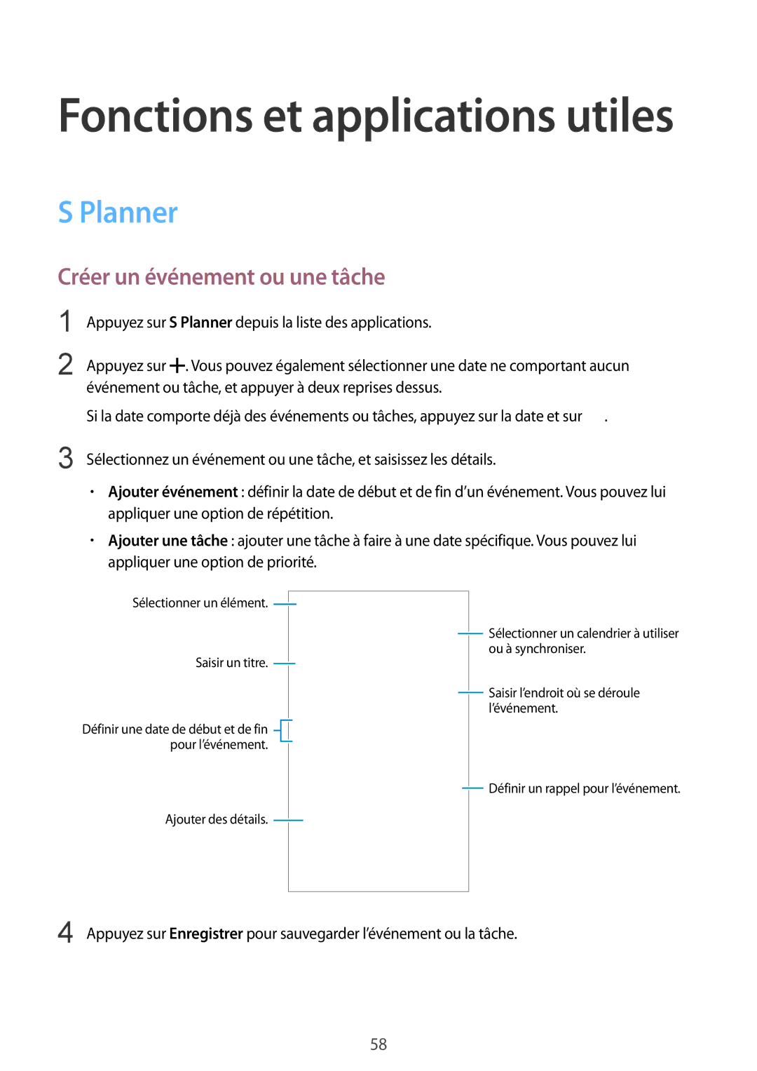 Samsung SM-J100HZKAXEF, SM-J100HZWAXEF manual Planner, Créer un événement ou une tâche 