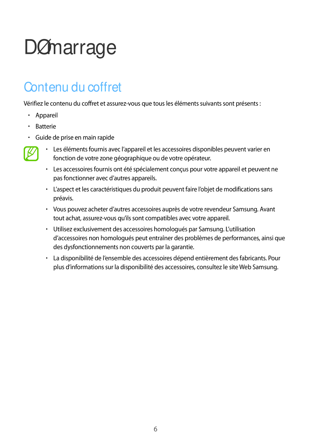 Samsung SM-J100HZKAXEF, SM-J100HZWAXEF manual Démarrage, Contenu du coffret 