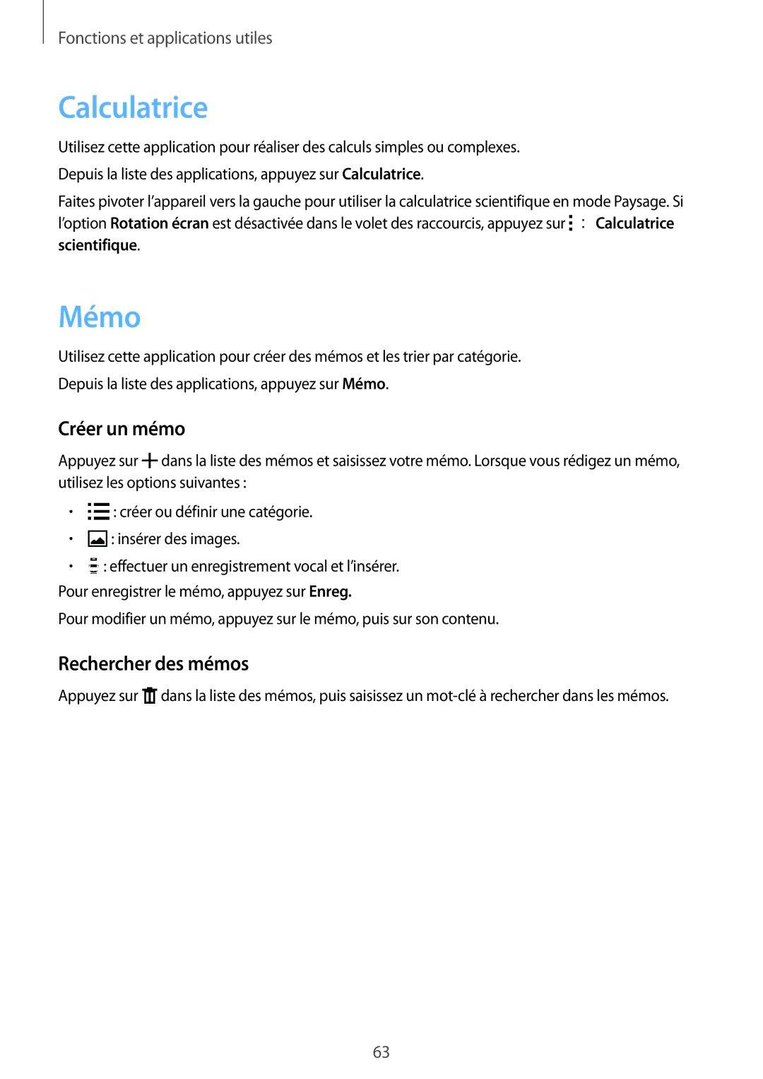 Samsung SM-J100HZWAXEF, SM-J100HZKAXEF manual Calculatrice, Mémo, Créer un mémo, Rechercher des mémos 