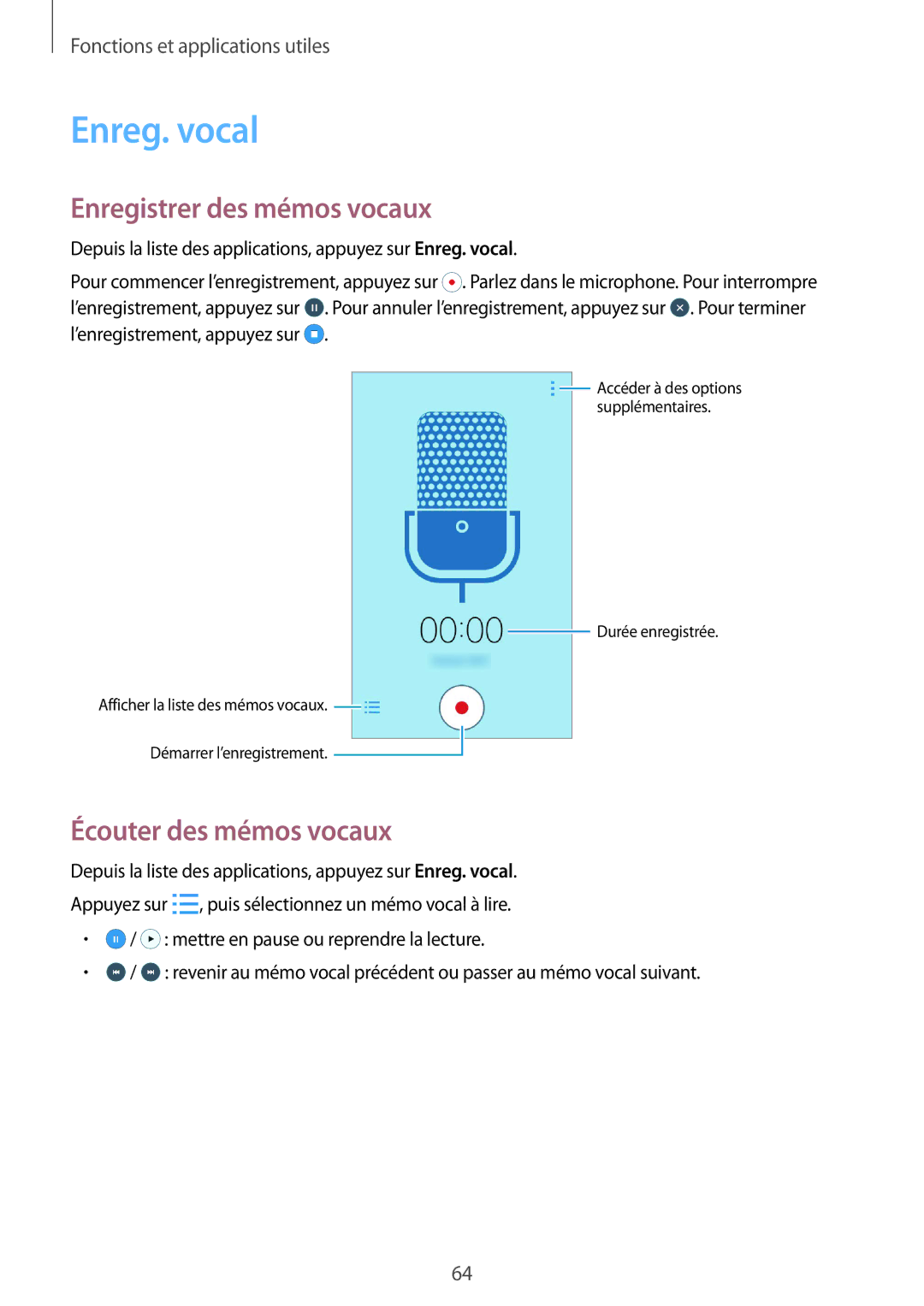 Samsung SM-J100HZKAXEF, SM-J100HZWAXEF manual Enreg. vocal, Enregistrer des mémos vocaux, Écouter des mémos vocaux 