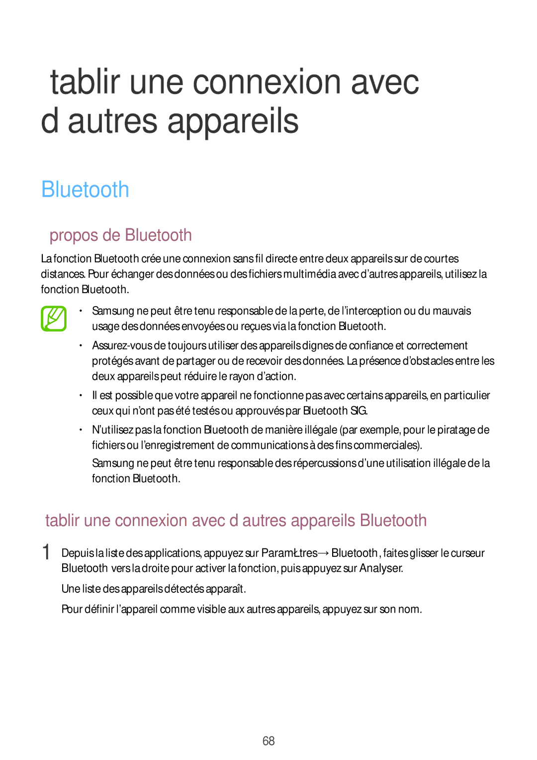 Samsung SM-J100HZKAXEF, SM-J100HZWAXEF Propos de Bluetooth, Établir une connexion avec d’autres appareils Bluetooth 