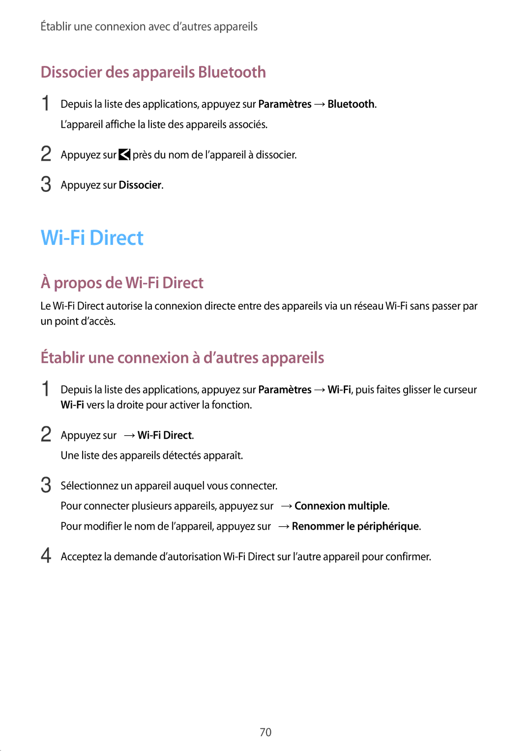 Samsung SM-J100HZKAXEF, SM-J100HZWAXEF manual Dissocier des appareils Bluetooth, Propos de Wi-Fi Direct 