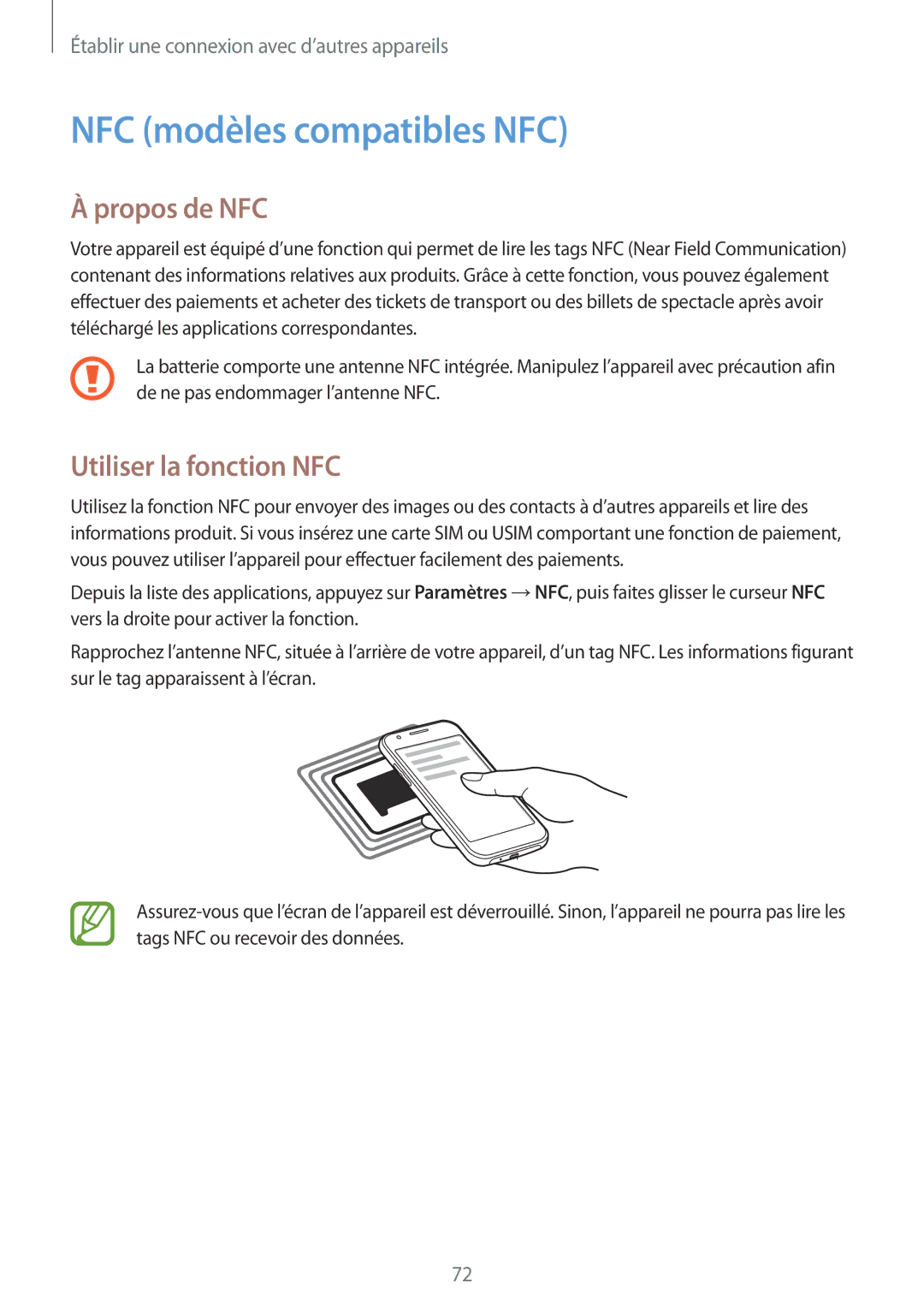 Samsung SM-J100HZKAXEF, SM-J100HZWAXEF manual NFC modèles compatibles NFC, Propos de NFC, Utiliser la fonction NFC 