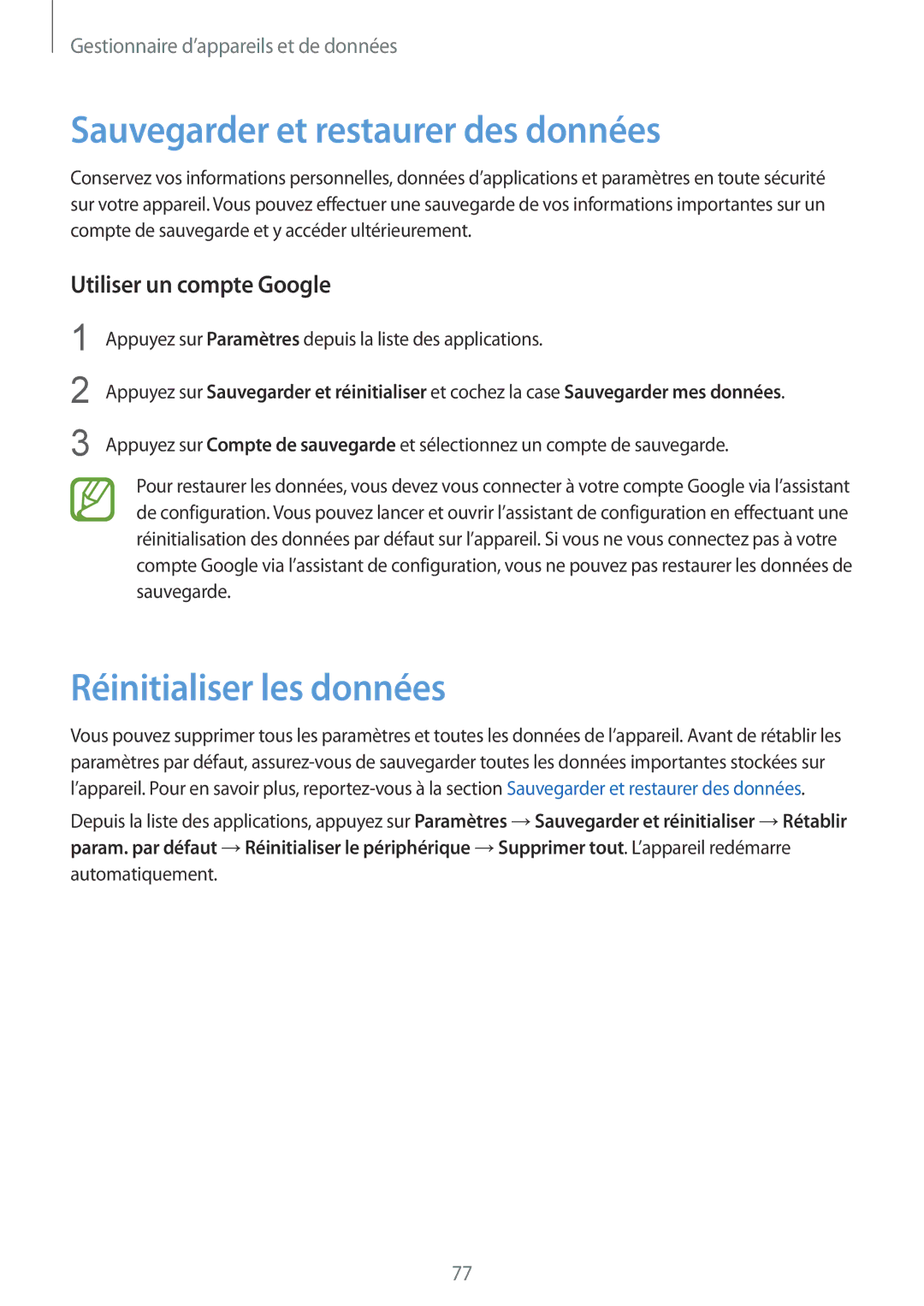 Samsung SM-J100HZWAXEF manual Sauvegarder et restaurer des données, Réinitialiser les données, Utiliser un compte Google 