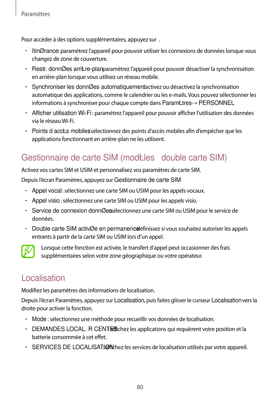 Samsung SM-J100HZKAXEF, SM-J100HZWAXEF manual Gestionnaire de carte SIM modèles à double carte SIM, Localisation 