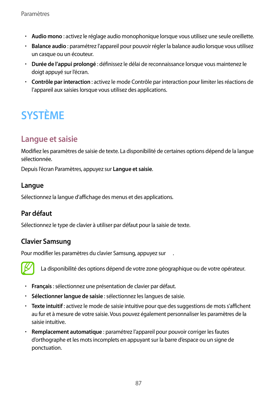 Samsung SM-J100HZWAXEF, SM-J100HZKAXEF manual Langue et saisie, Par défaut, Clavier Samsung 