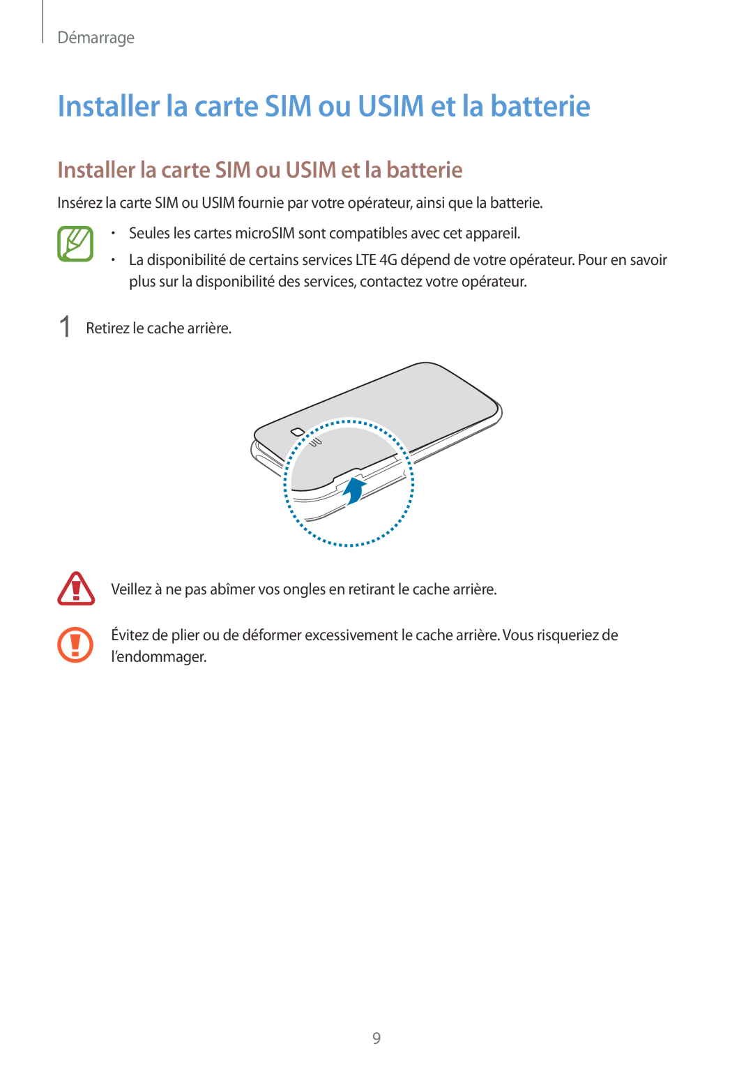 Samsung SM-J100HZWAXEF, SM-J100HZKAXEF manual Installer la carte SIM ou Usim et la batterie 