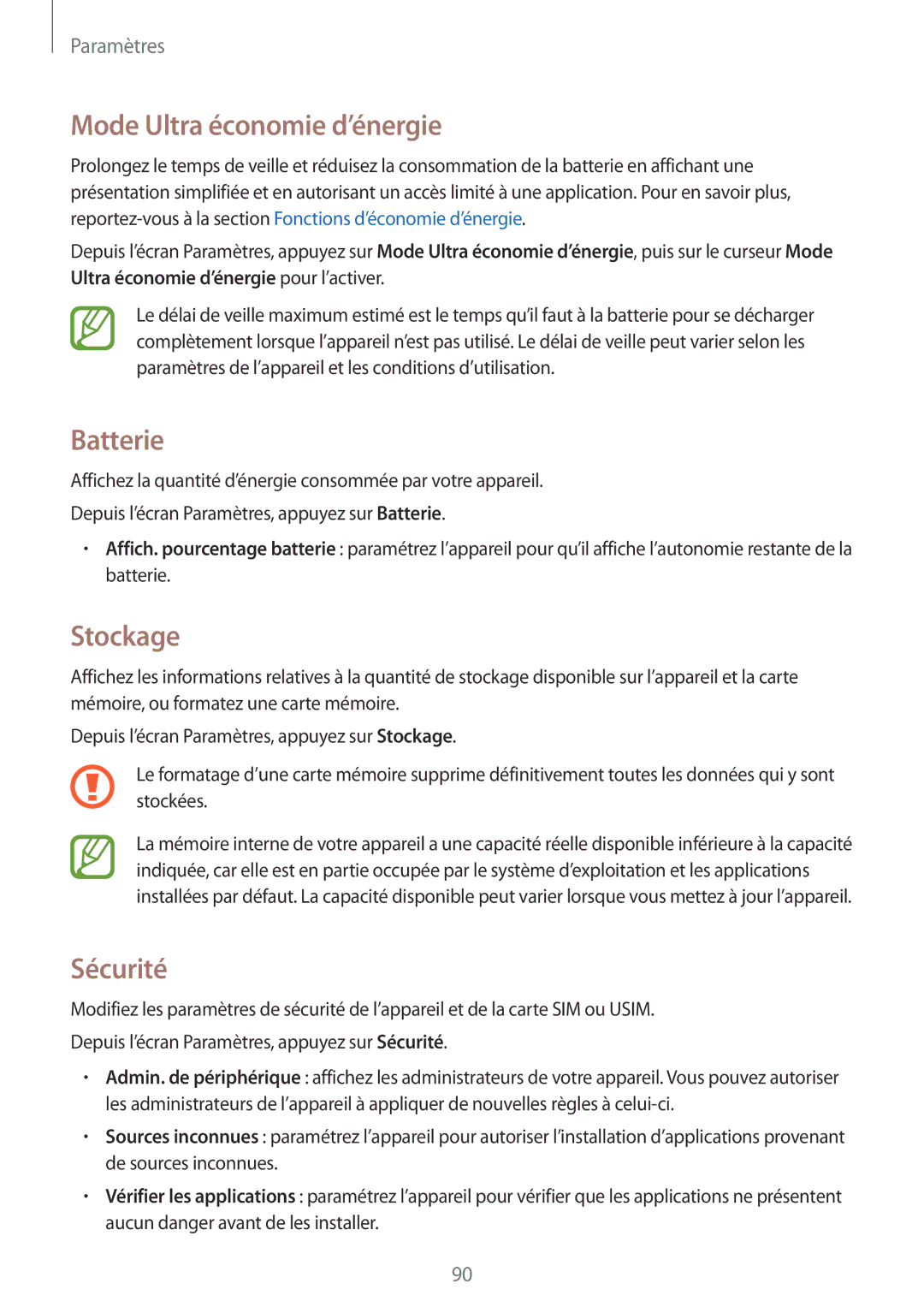 Samsung SM-J100HZKAXEF, SM-J100HZWAXEF manual Mode Ultra économie d’énergie, Batterie, Stockage, Sécurité 