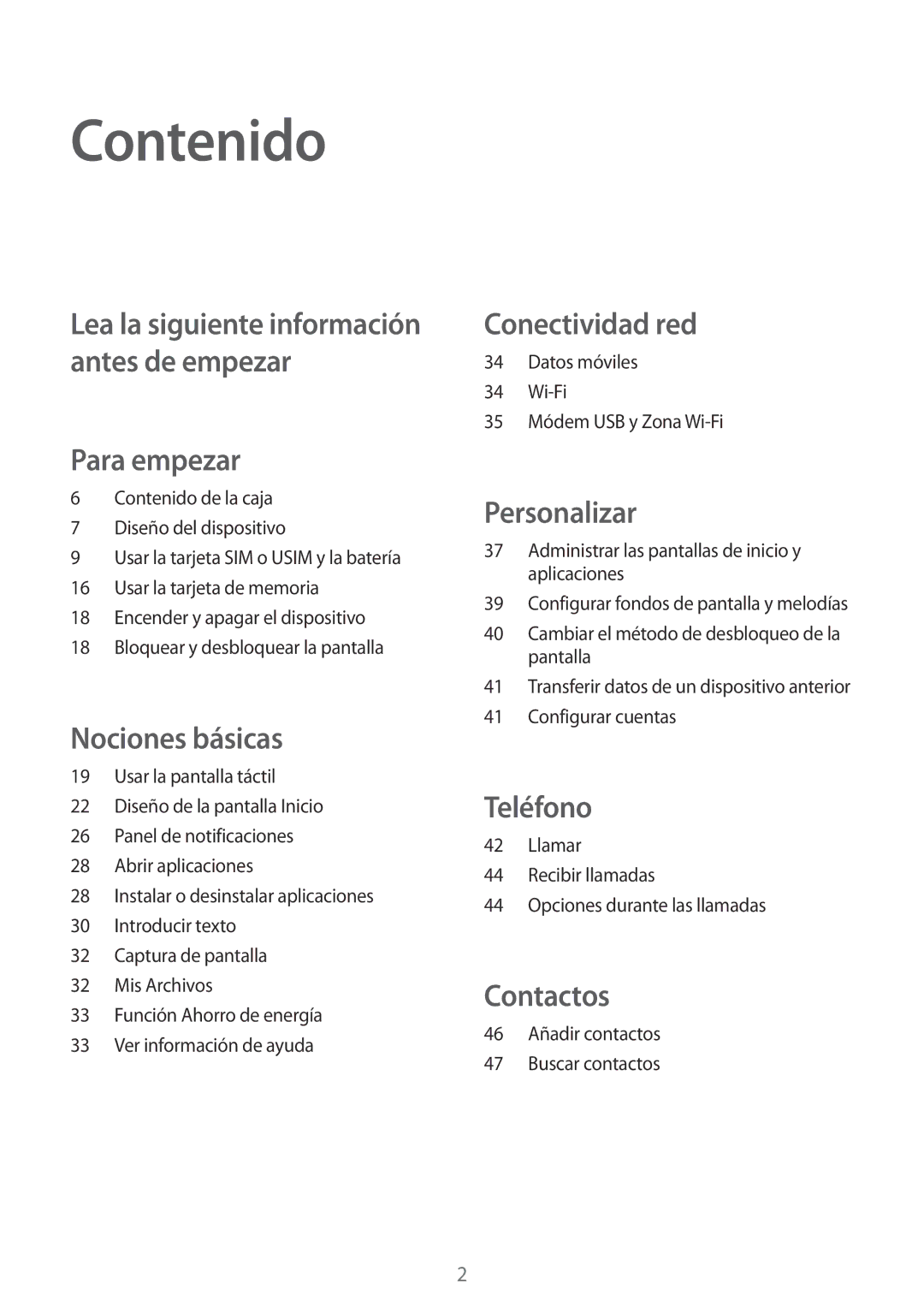 Samsung SM-J100HZWAPHE manual Contenido, Para empezar 