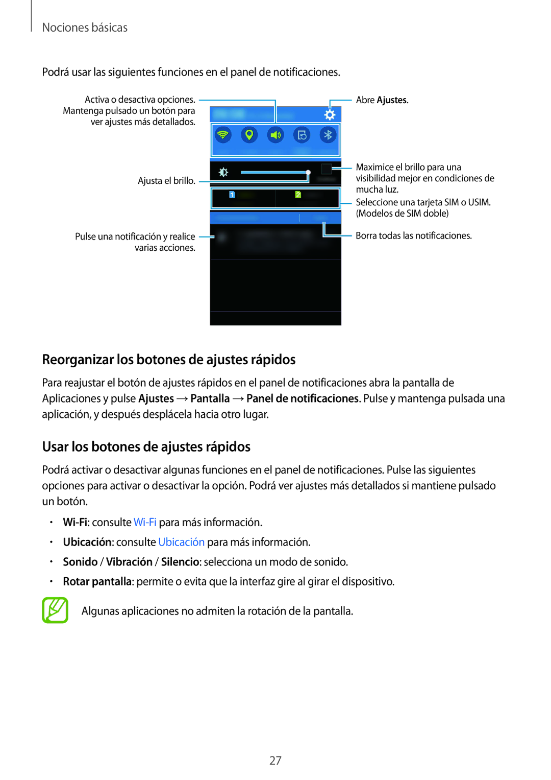 Samsung SM-J100HZWAPHE manual Reorganizar los botones de ajustes rápidos, Usar los botones de ajustes rápidos 